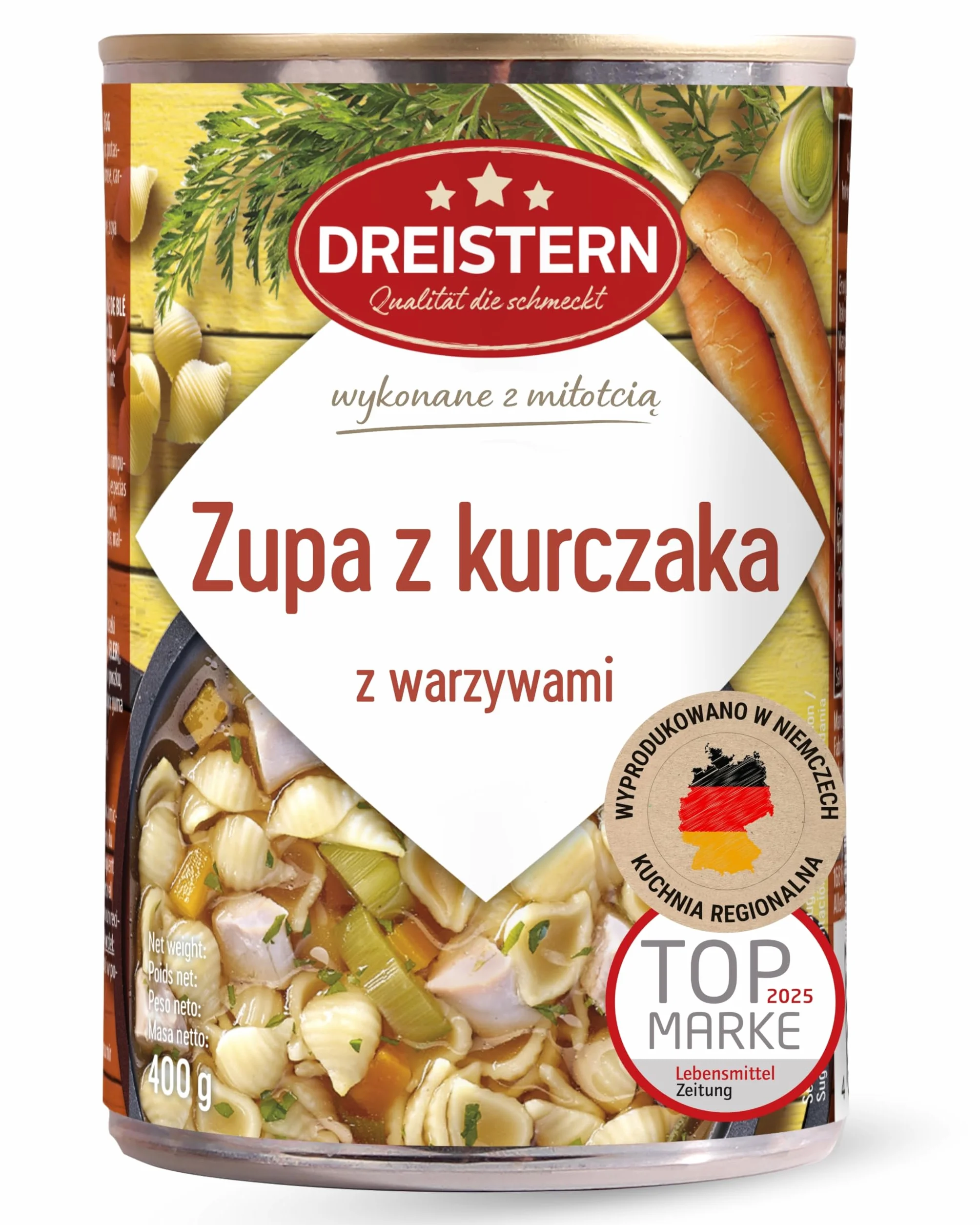 DREISTERN Zupa z Makaronem z Kurczaka z Warzywami, Gotowy Posiłek, Zupa z Makaronem z Kurczaka w Blaszanym Pudełku, Jakość, Która Dobrze Smakuje