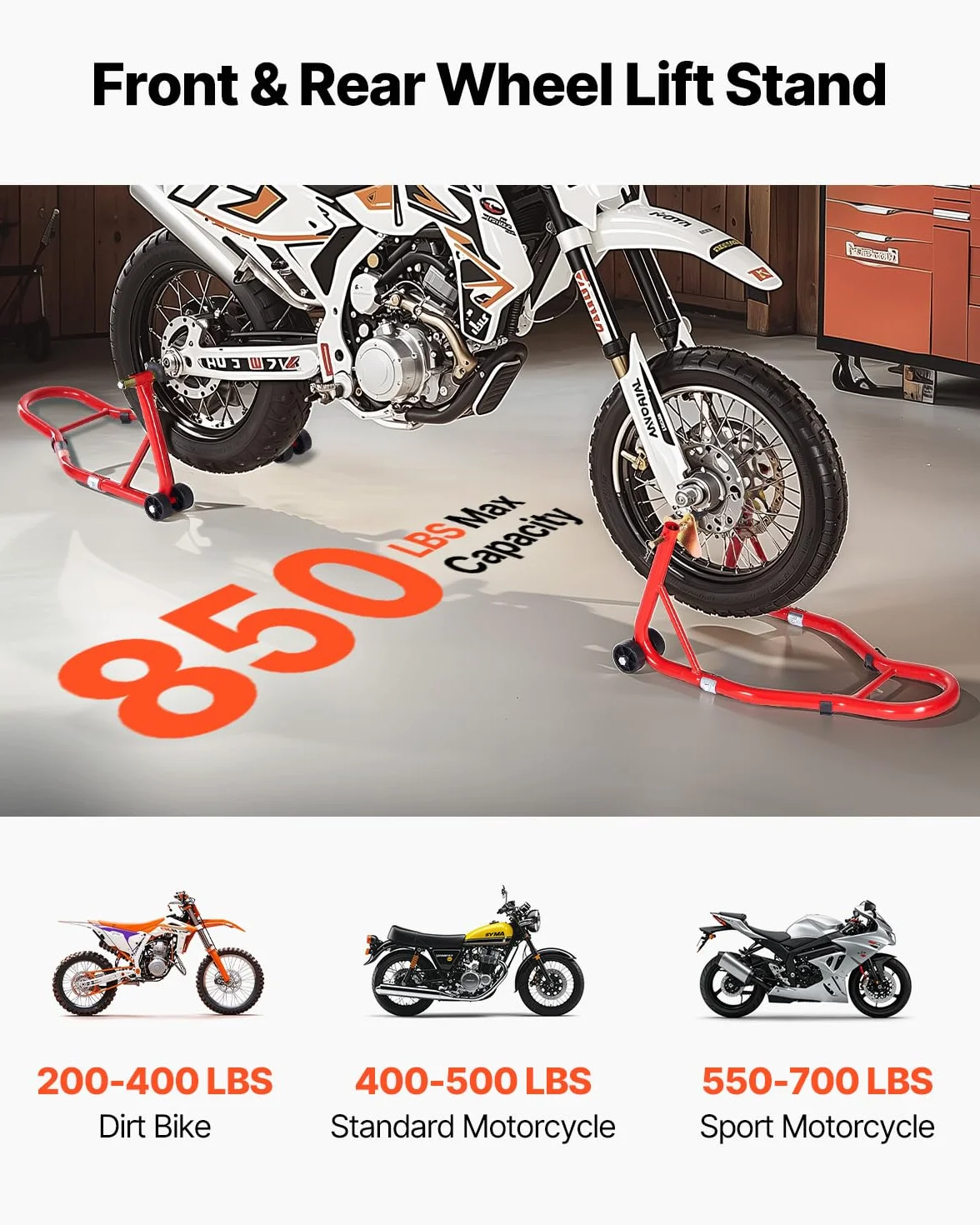 VEVOR Podnośnik motocyklowy, nośność 385 kg, przedni, tylny podnośnik, podwójny widelec, tylny widelec U+L, do większości motocykli Yamaha, Honda, Kawasaki, Suzuki, czerwony