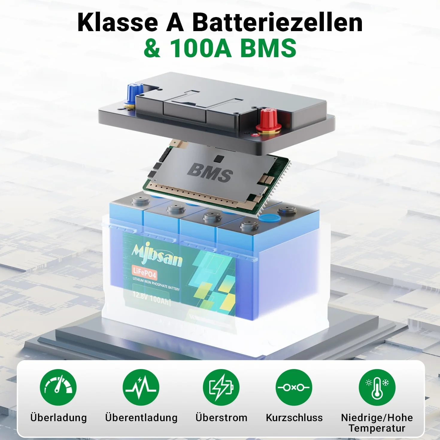 Mjbsan 12 V 100 Ah akumulator cyklu głębokiego LiFePO4, 100 A BMS, 4000-8000 cykli, maksymalna moc 1280 W, idealny zamiennik dla akumulatorów ołowiowo-kwasowych do kempingu, wózków kempingowych