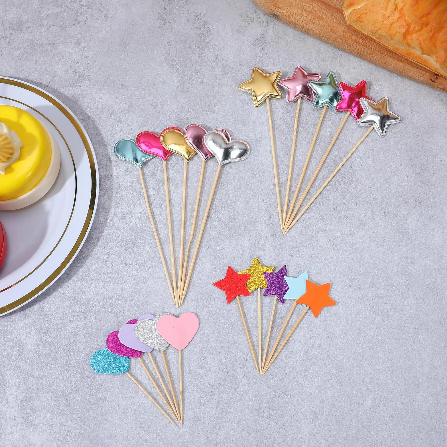 30 szt. brokatowych patyczków do babeczek w kształcie serca, kolorowe ozdoby na tort w kształcie serca i gwiazdy, urocze dekoracje imprezowe na urodziny, baby shower, artykuły imprezowe