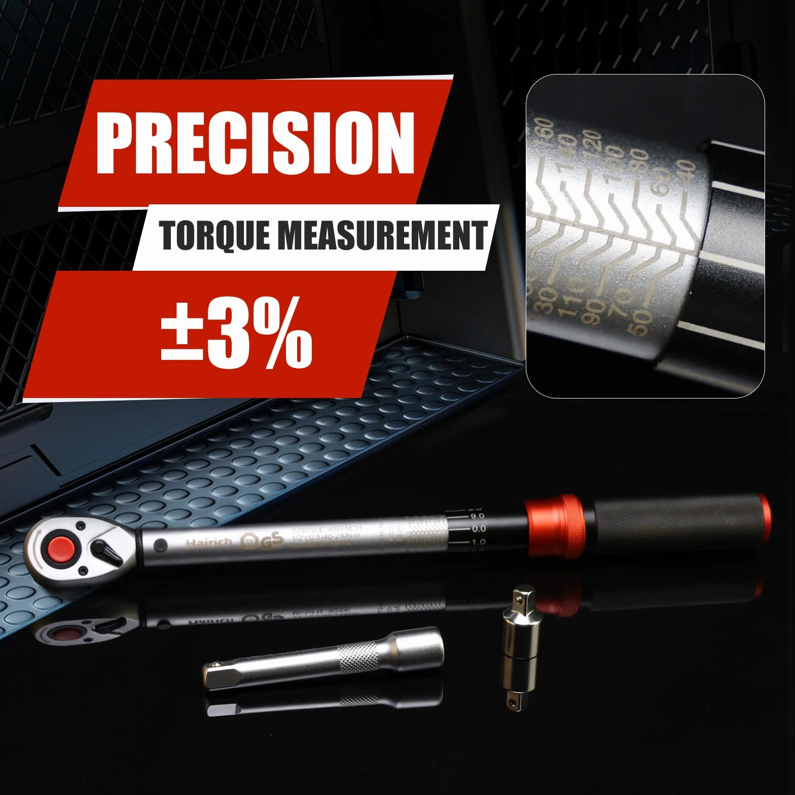 Hairich Klucz dynamometryczny 1/2", klucz nasadowy 40-210 Nm, certyfikat TÜV Süd GS, 6-częściowy zestaw z przedłużeniem 125 mm, adapter 1/2"-3/8" i 3 nasadkami - wymiana opon i motocykli