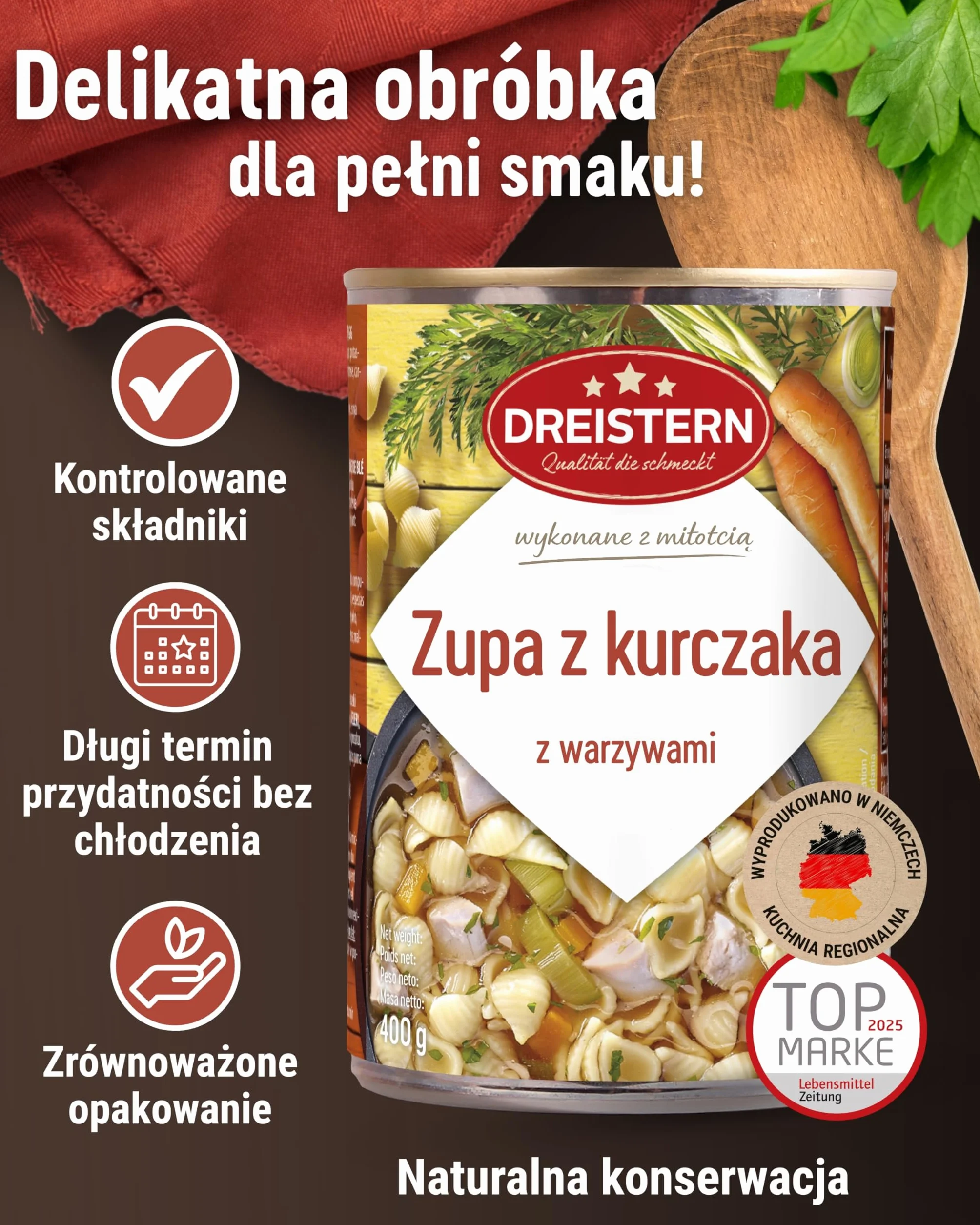 DREISTERN Zupa z Makaronem z Kurczaka z Warzywami, Gotowy Posiłek, Zupa z Makaronem z Kurczaka w Blaszanym Pudełku, Jakość, Która Dobrze Smakuje