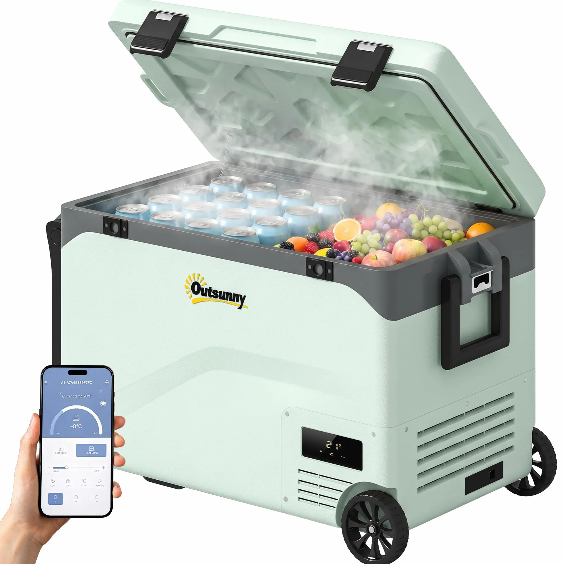 Outsunny Kompresyjna lodówka samochodowa 42,5 l ze sterowaniem za pomocą aplikacji, przenośna lodówka elektryczna z kółkami i uchwytem, 12 V/240 V, od -20°C do 20°C, ciężarówka, samochód kempingowy