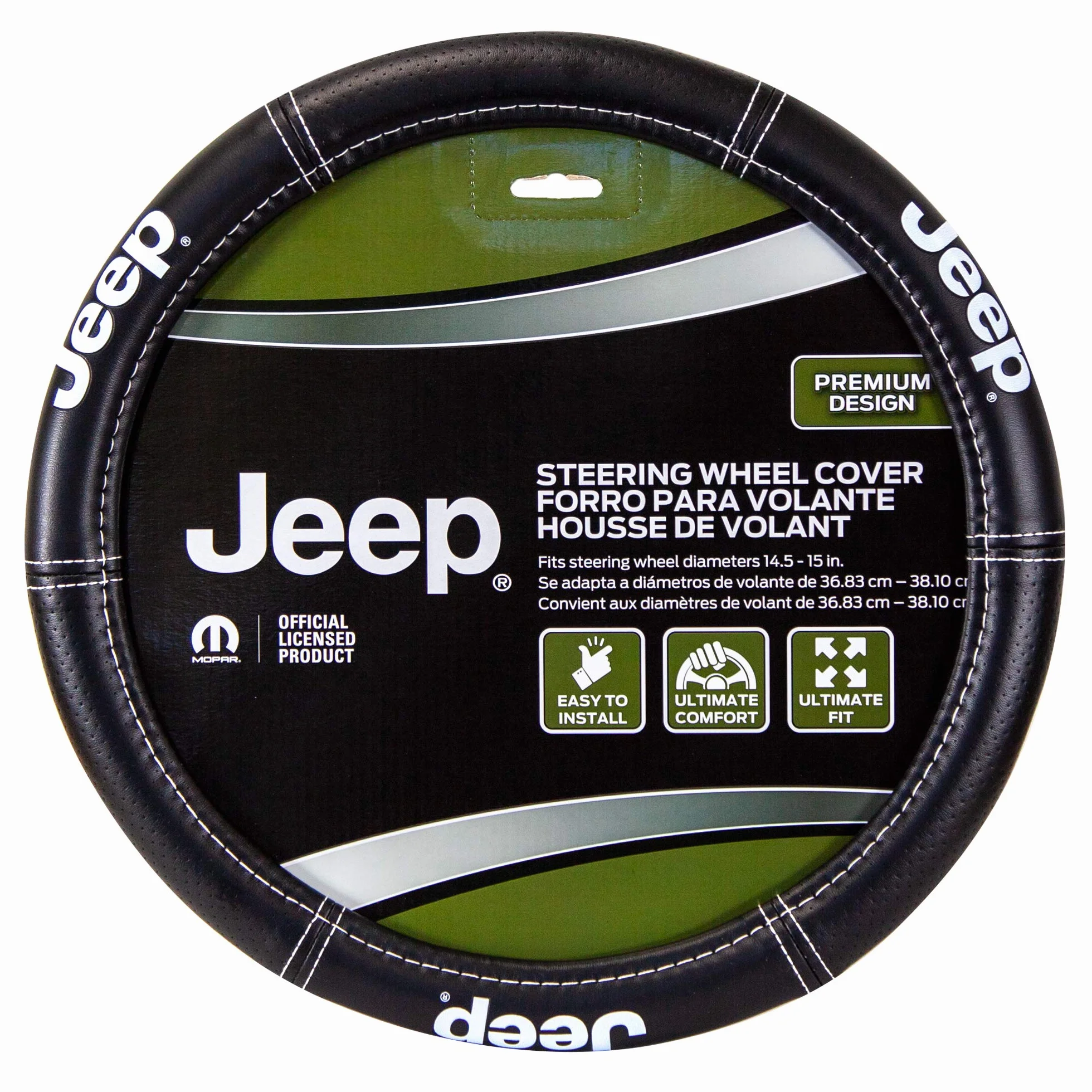 Plasticolor 006695R01 Jeep Deluxe wysoki kontrast szwy pokrowiec na kierownicę premium do samochodów, ciężarówek i SUV-ów, czarny