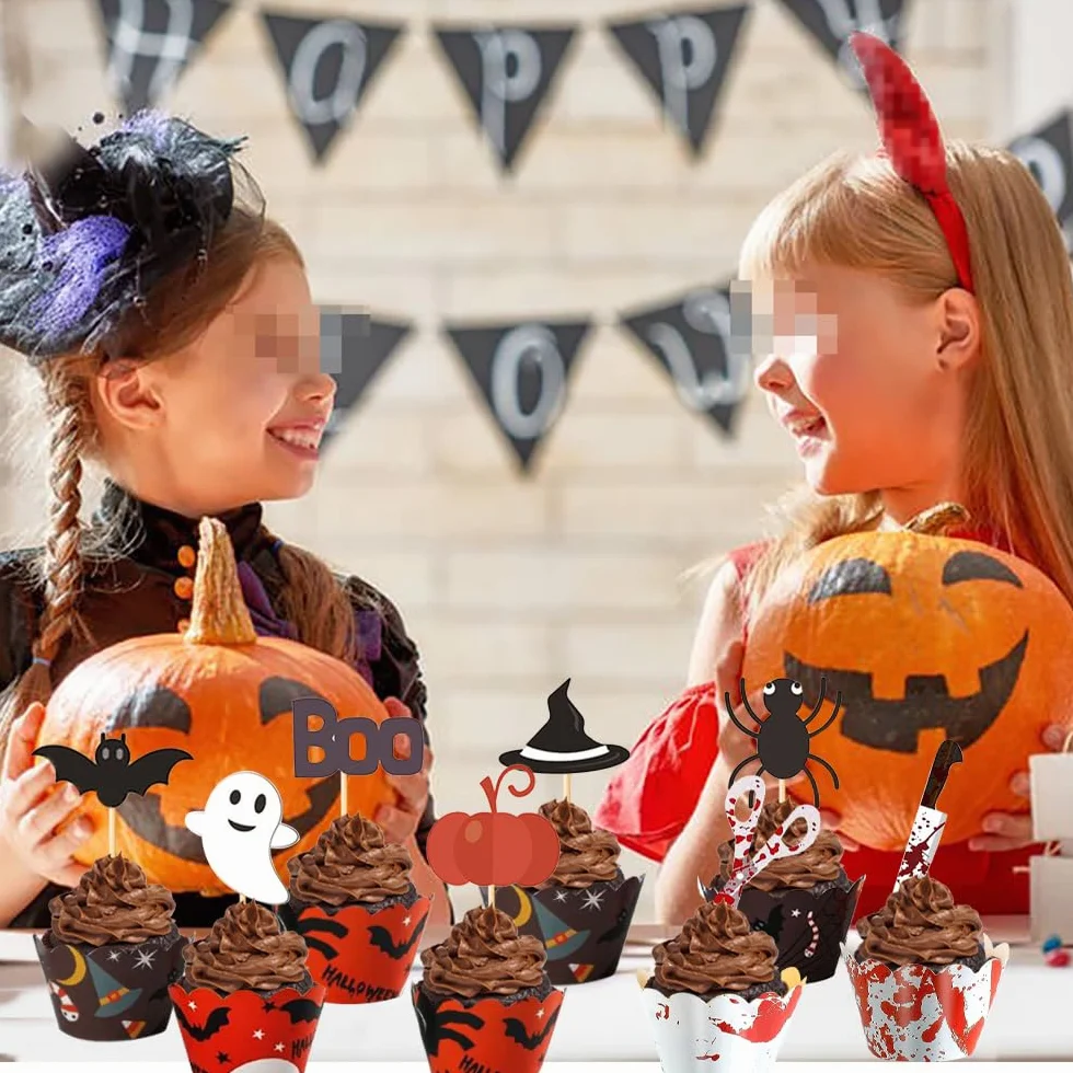 48 sztuk ozdób na babeczki na Halloween, krasnoludy, dynia, dekoracje na babeczki, nawiedzony dom, toppery na tort, na Halloween, imprezę, artykuły kuchenne, pieczenie babeczek