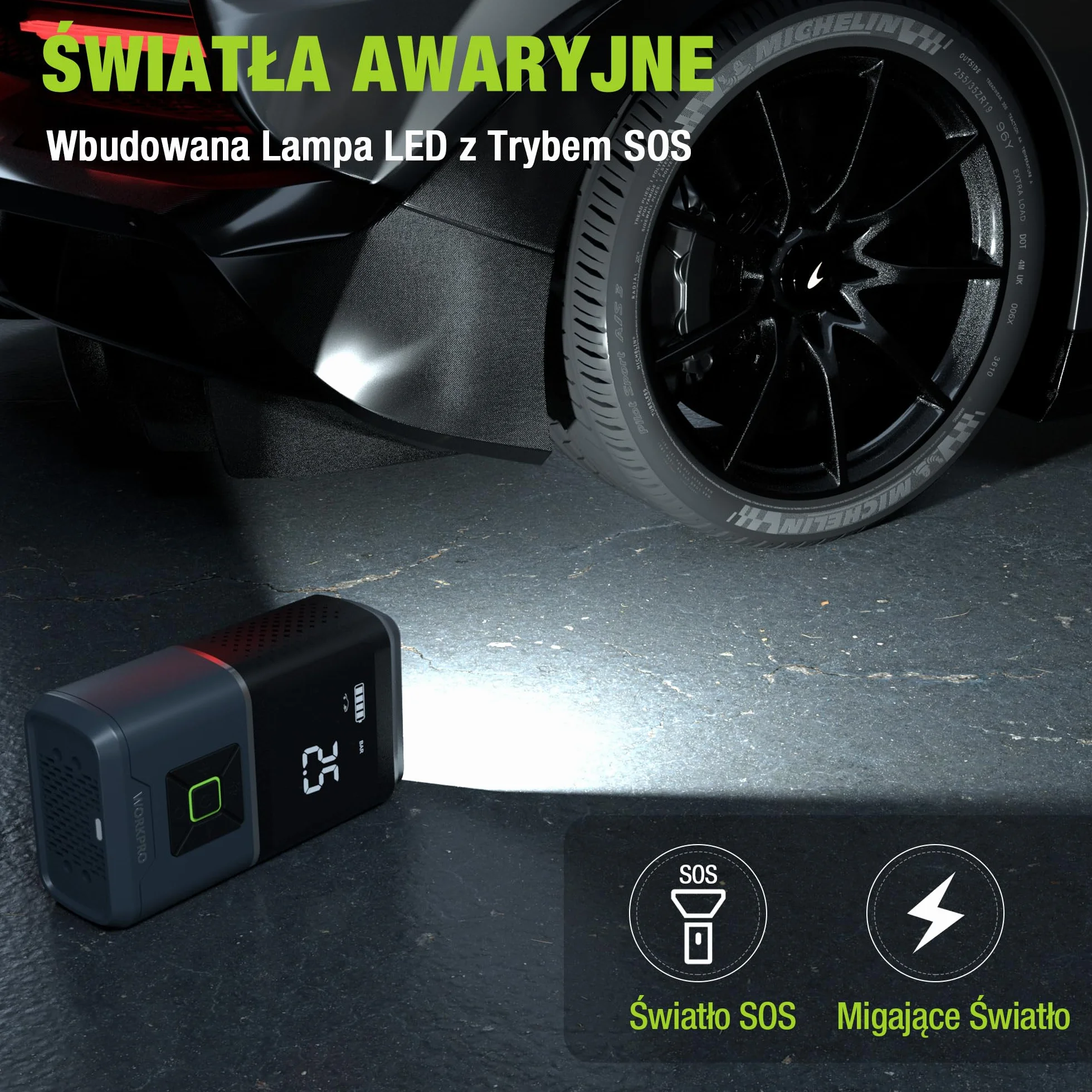 WORKPRO Bezprzewodowa sprężarka powietrza, 2500 mAh, 7,2 V, przenośna sprężarka powietrza z 4 trybami, 150 PSI, inteligentny cyfrowy wyświetlacz LED, SOS do samochodu, motocykla, piłki, rowerów