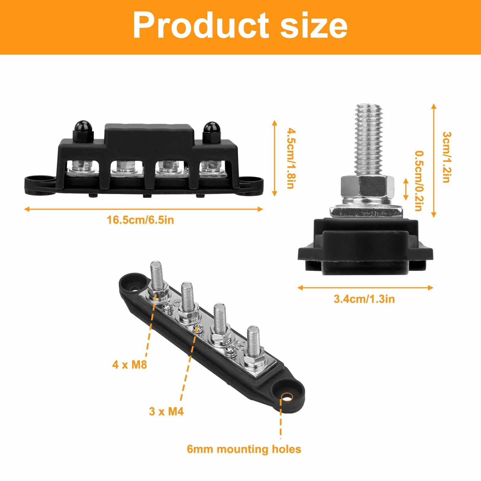 QIMEI-SHOP Szyna Zbiorcza 12 V-48 V DC, Blok Rozdzielczy 250 A z 4 x Bolcami Przyłączeniowymi M8, Do Samochodu, Kampera, Łodzi, Czerwonej, Czarnej, 2