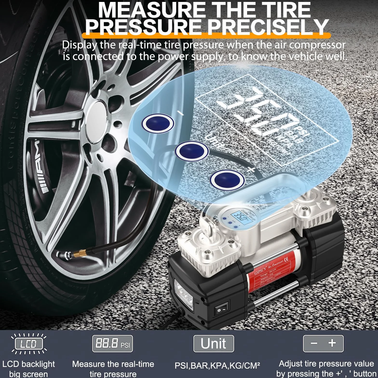GSPSCN Przenośny cyfrowy pompka do opon samochodowych z manometrem 150 Psi, automatyczne wyłączanie, wytrzymałe, podwójne cylindry, pompa sprężarki powietrza 12 V ze światłem LED, do samochodów