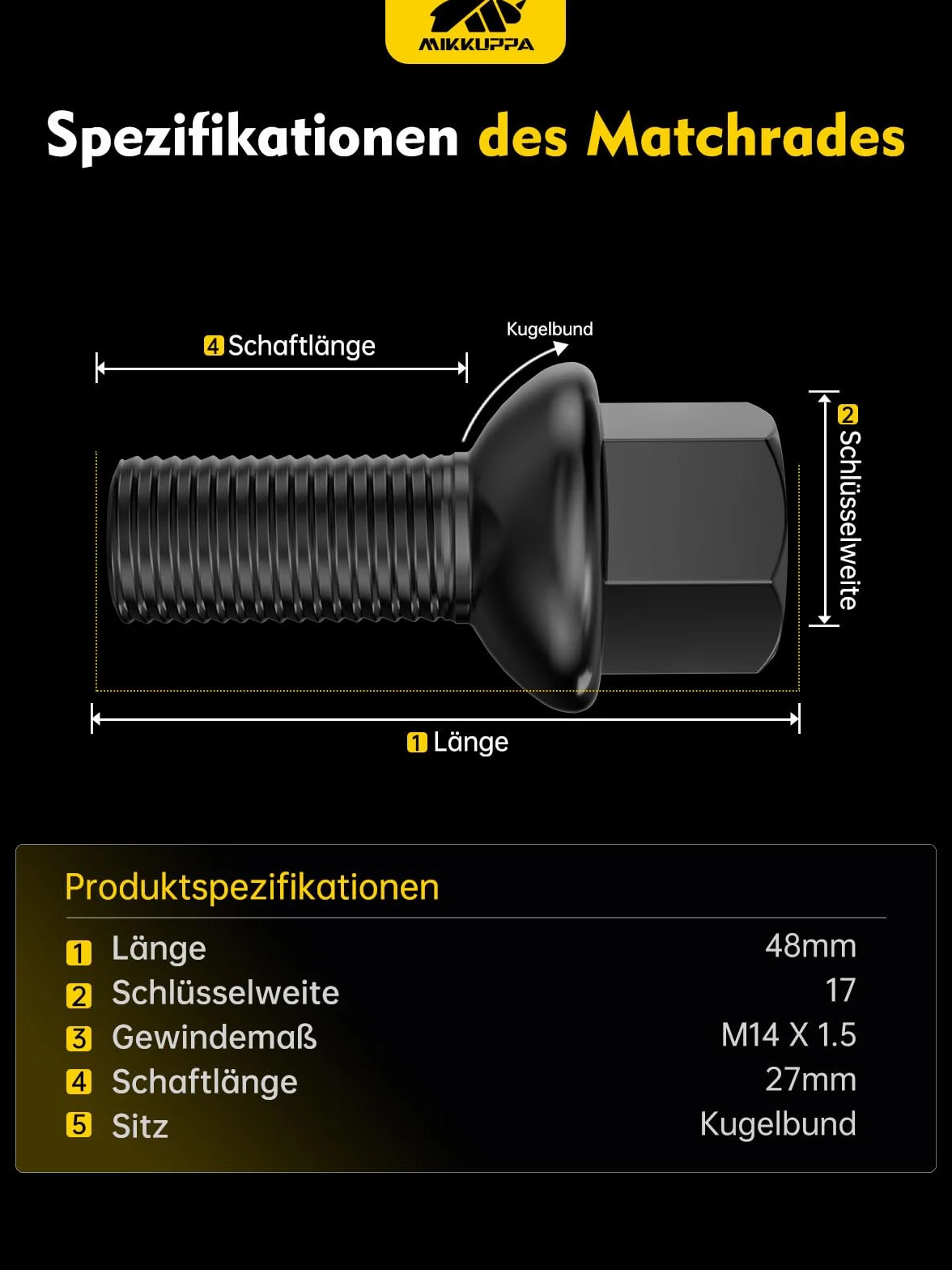 MIKKUPPA śruby do kół M14 x 1,5 długość trzpienia 27 mm ściągacz kulkowy R13 rozmiar klucza 17 mm czarne
