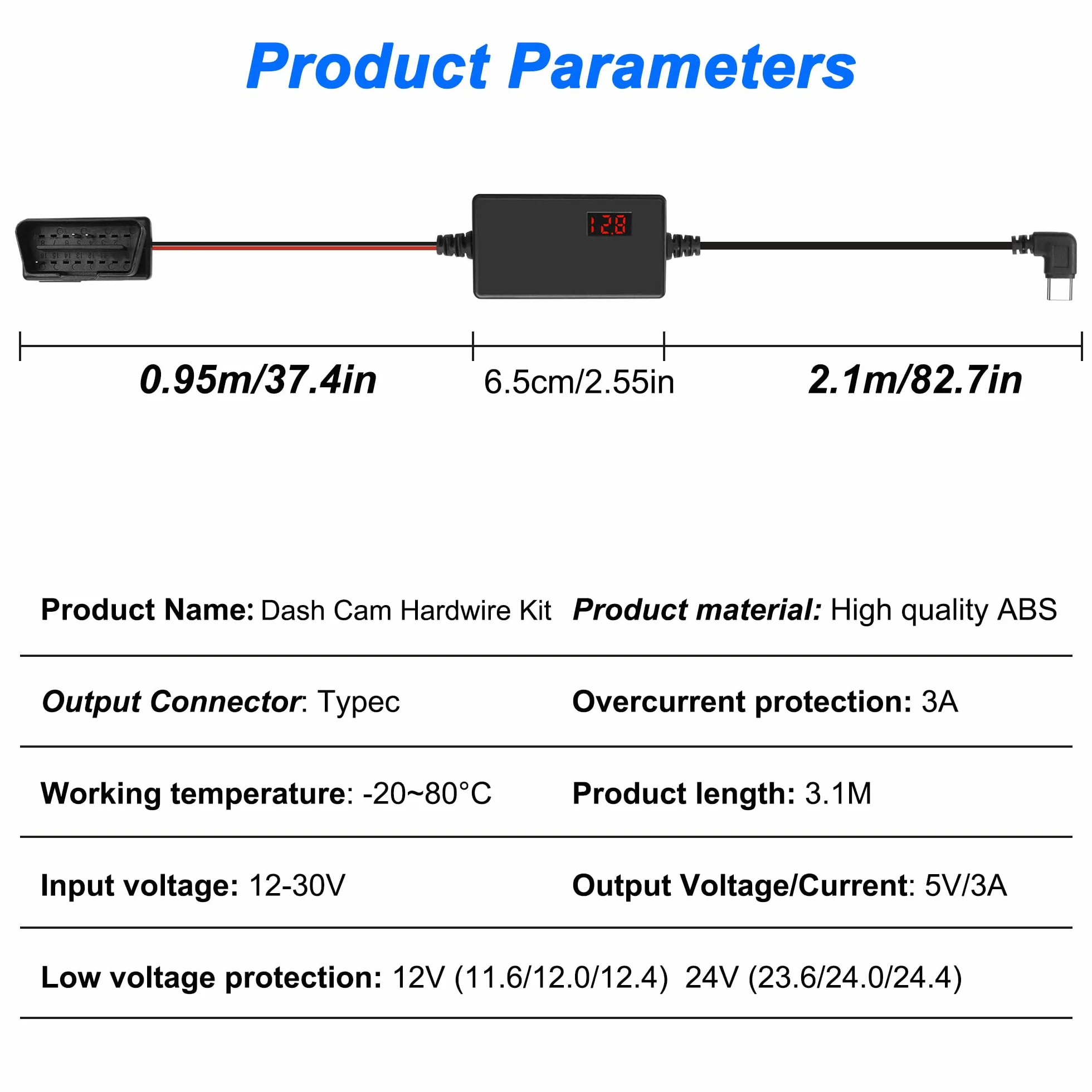 MEIRIYFA Kabel zasilający OBD OBD2 do kamery samochodowej, kabel do ładowania OBD2 na USB C, 24-godzinny nadzór, typ C, 16-pinowy, OBDII, zestaw Hardwire, kabel do ładowarki do kamery samochodowej GPS