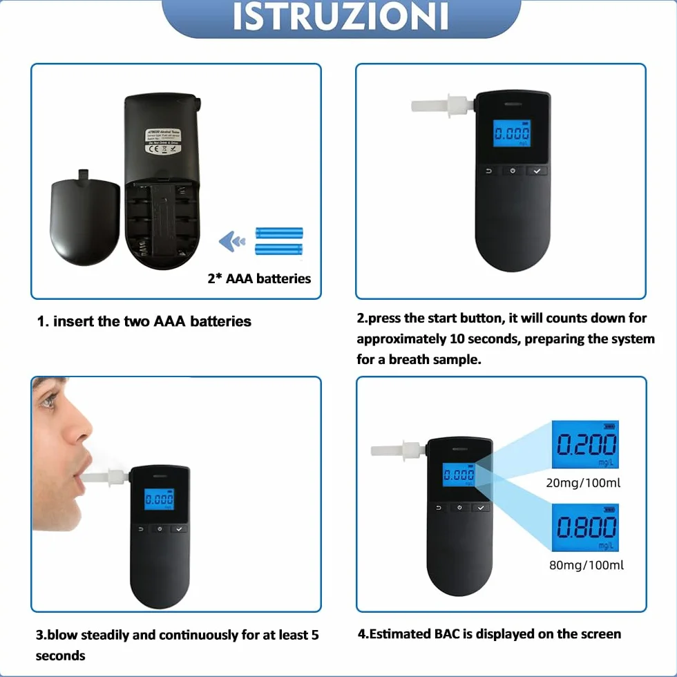 Alkomat Tester Alkoholu Alkomat Detektor Wyświetlacz LCD do użytku Osobistego i Profesjonalnego (Czarny)