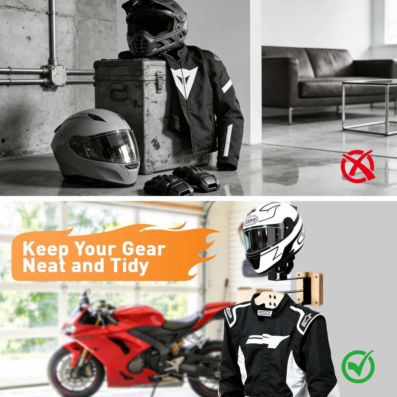 Uchwyt ścienny na kask motocyklowy, wieszak ścienny na kask motocyklowy, kamizelkę taktyczną, rękawice i kurtkę, wytrzymała garderoba do garażu i warsztatu