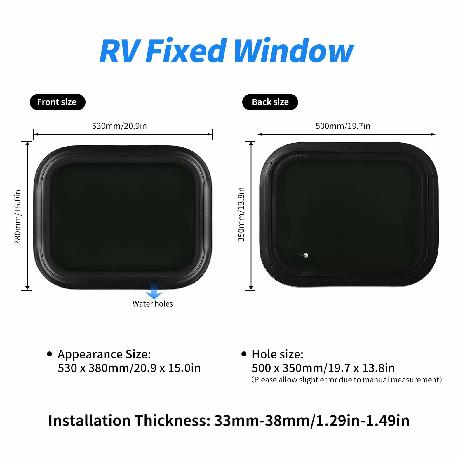 Stałe Okno RV, Szkło Hartowane 500x350 Mm, Wodoodporne, Stałe Okrągłe Okno Narożne, Uszczelniona Rama ze Stopu Aluminium do Przyczepy (Do ścian o grubości 33–38 mm/1,3–1,5 cala)