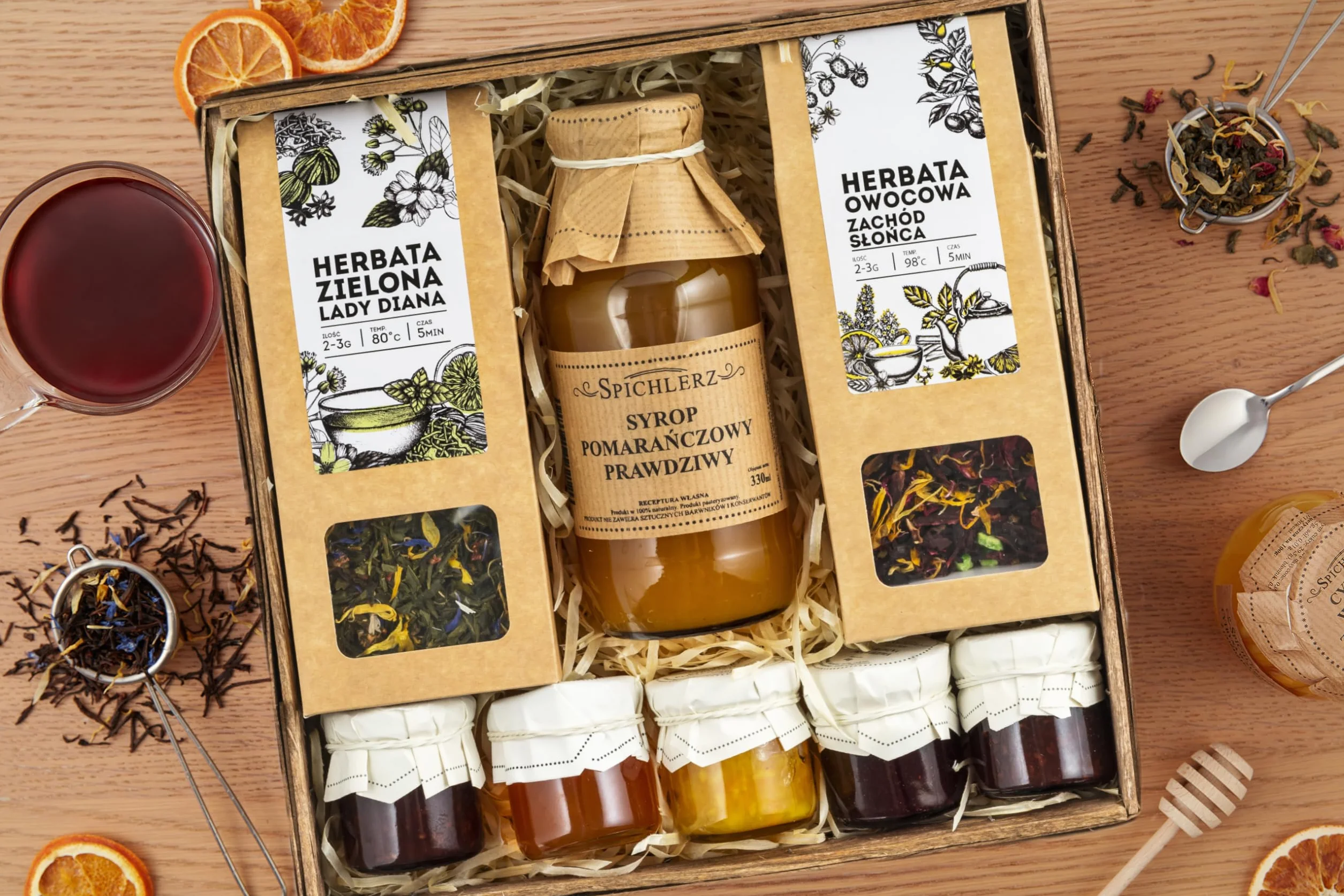 Zestaw herbat liściastych SYROP DO HERBATY konfitury BOX naturalne produkty HERBATA OWOCOWA i ZIELONA BOX PREZENT dla nauczyciela dla rodziców