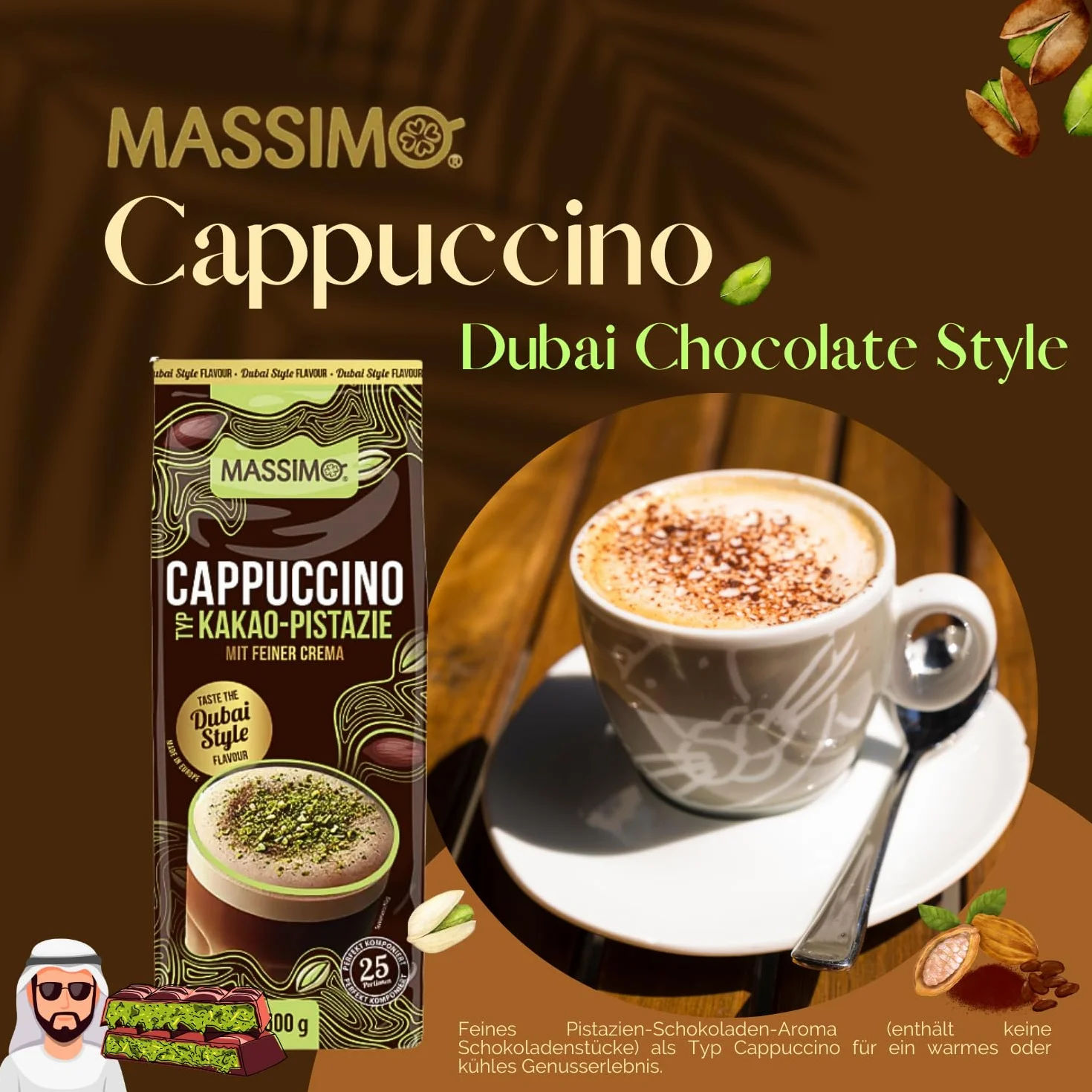 MASSIMO Typ Cappuccino Dubai Chocolate Style, 10 x 500 g proszek do napojów instant z kawą rozpuszczalną, kakao w proszku, pistacje kakaowe z delikatną śmietaną, zawiera kofeinę, szybkie przygotowanie