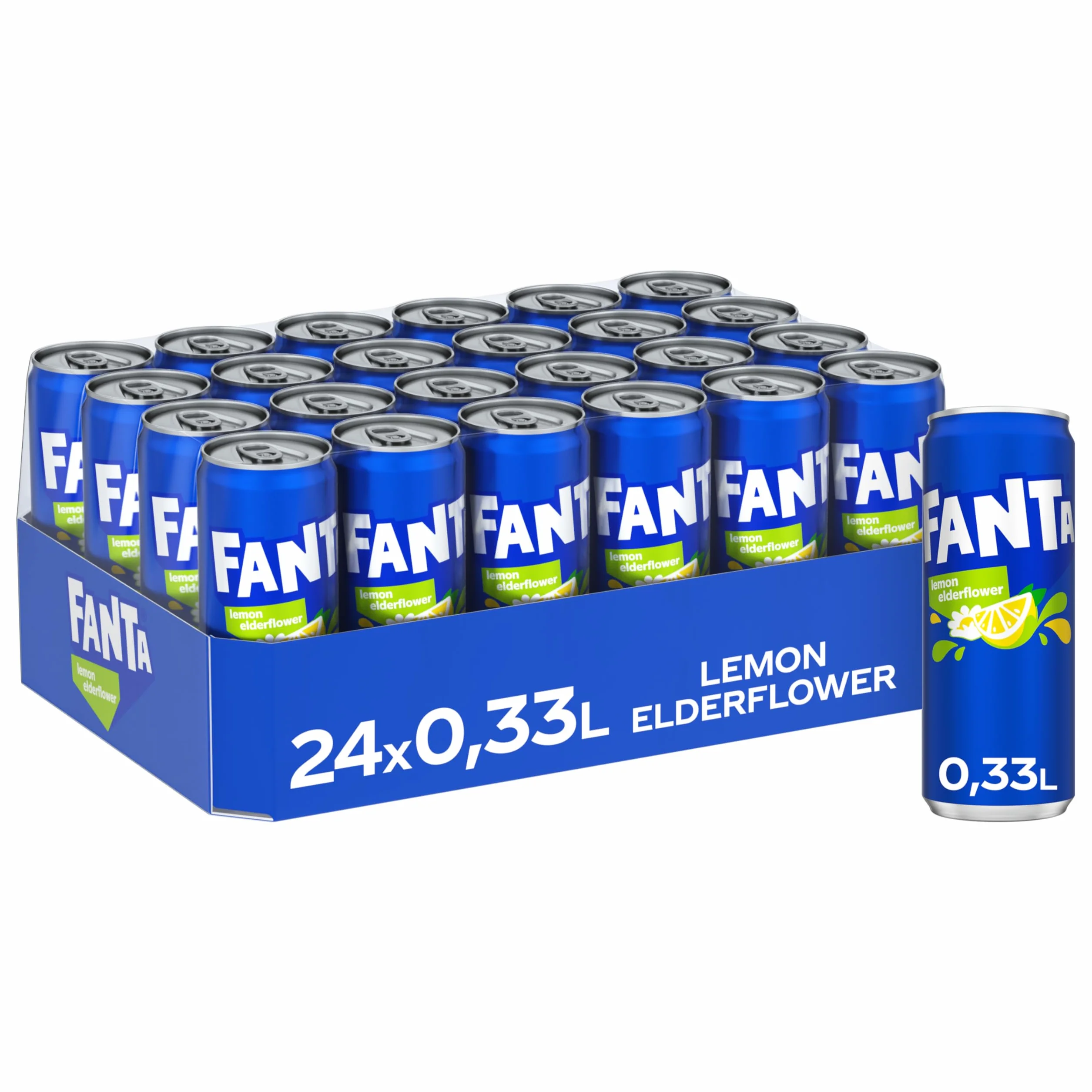 Fanta Lemon & Elderflower – mieszanka cytryny i letniego kwiatu czarnego bzu – o intensywnym smaku owocowym – musujący napój odświeżający w jednorazowych puszkach (24 x 330 ml)