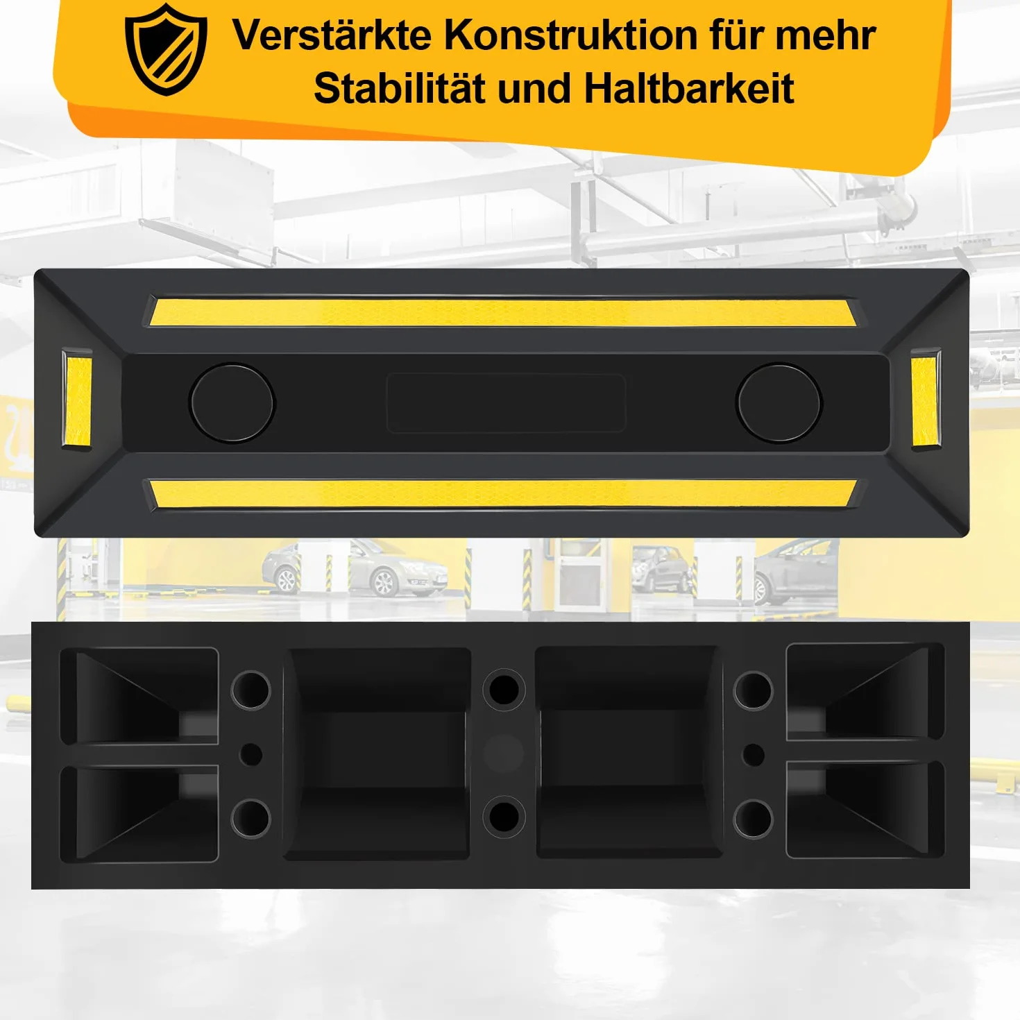 Sonnewelt 4 x gumowy stoper do kół, 54 x 15 x 10 cm, ogranicznik miejsca parkingowego, z żółtymi paskami odblaskowymi, stoper parkingowy ze śrubą rozszerzającą, blokada parkingu do parkingu, garażu,