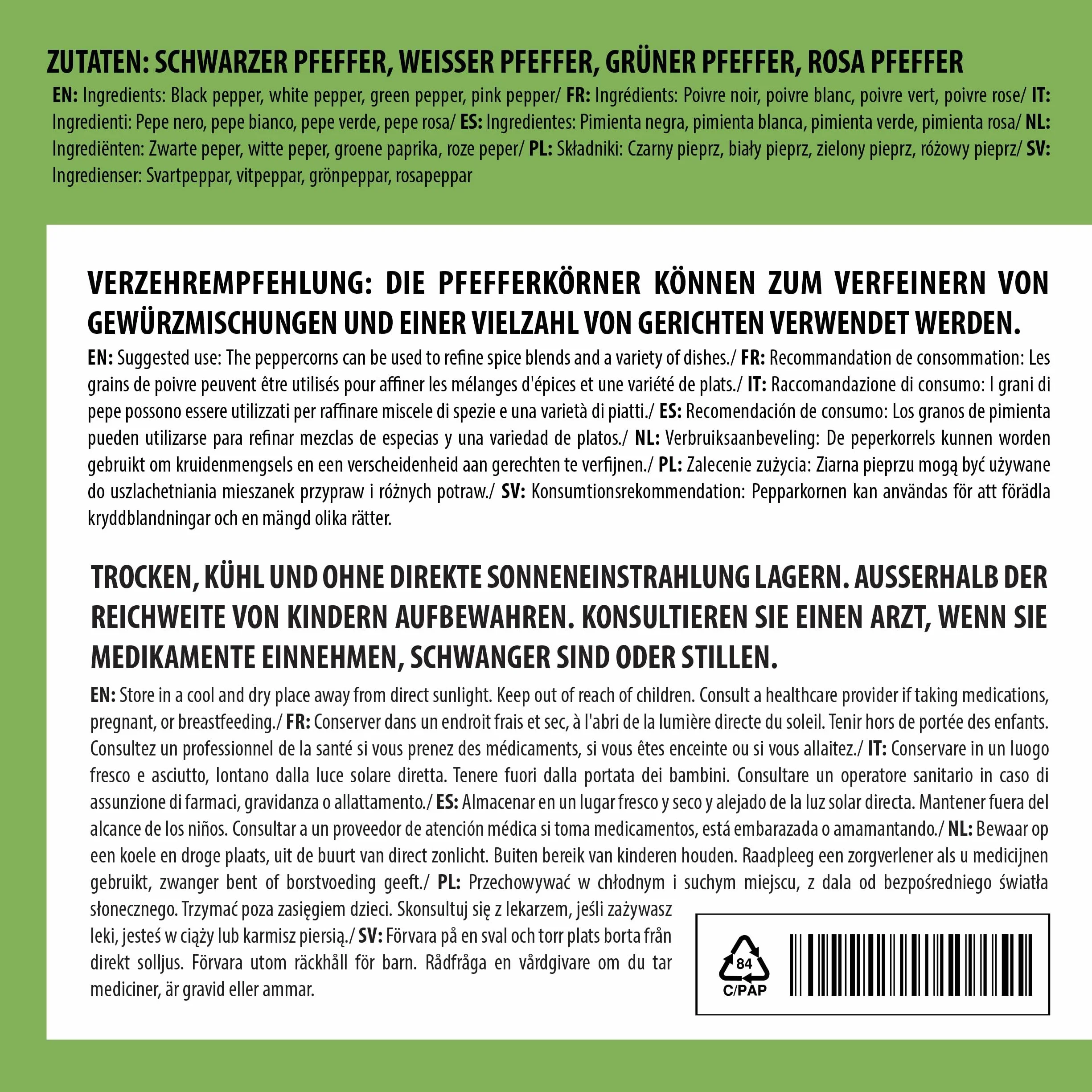 Alpi Nature Mieszanka Ziaren Pieprzu 100g, Całe Ziarna Czarnego, Białego, Różowego i Zielonego Pieprzu