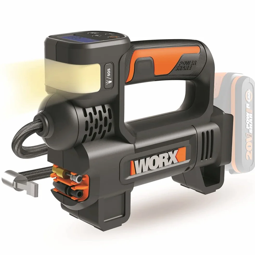 WORX WX092.9 Akumulatorowa Wielofunkcyjna Pompka Powietrza, 4 w 1, Pompka do Opon i Regulacja Ciśnienia, Światło Robocze i Światło Awaryjne SOS, Maks. Ciśnienie 10 Bar, bez Akumulatora i Ładowarki