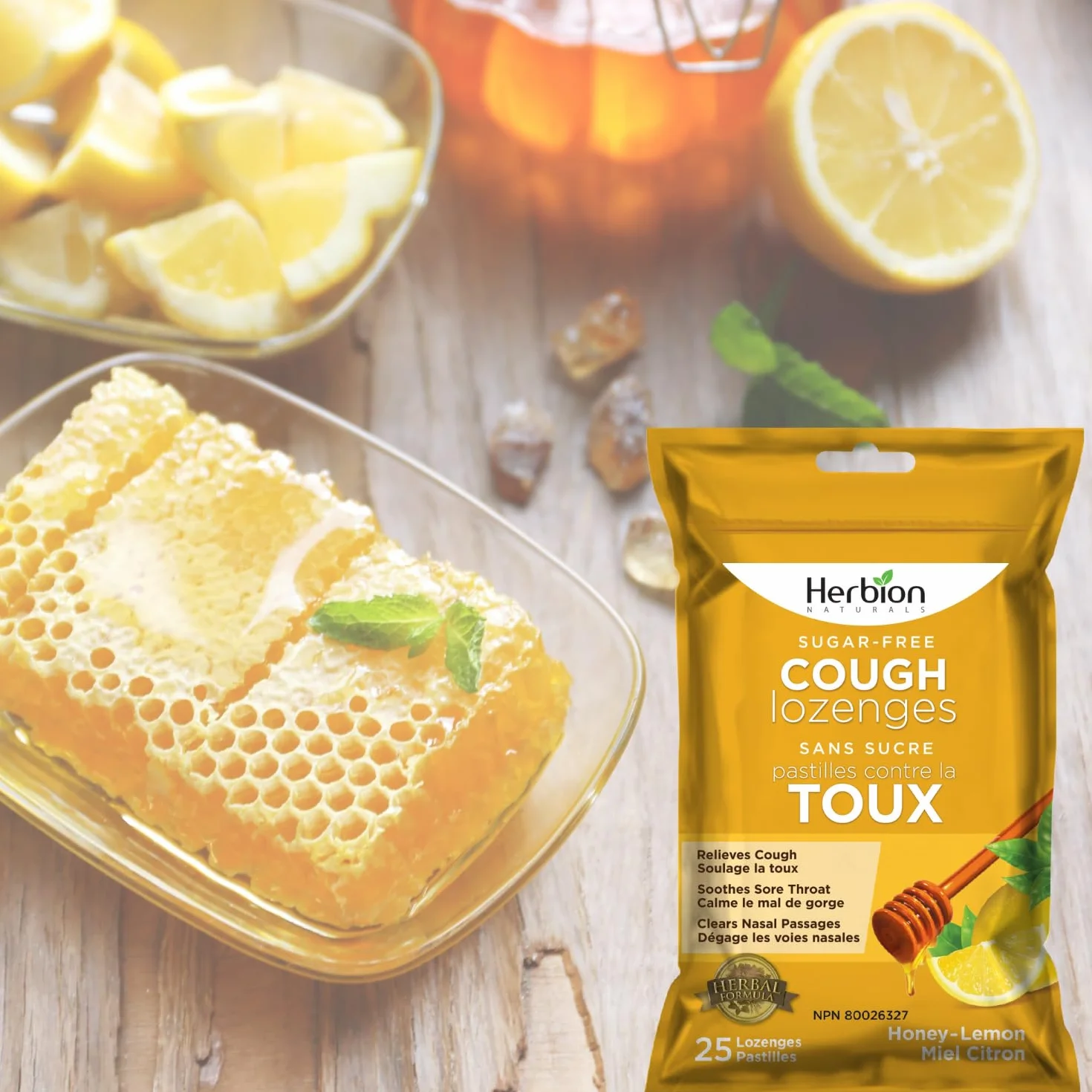 Herbion Naturals Krople na kaszel bez cukru o naturalnym smaku miodowo-cytryny, 25 sztuk, szybka pomoc w przypadku kaszlu, bólu gardła i zaparcia nosa, dla dorosłych i dzieci od 12 lat