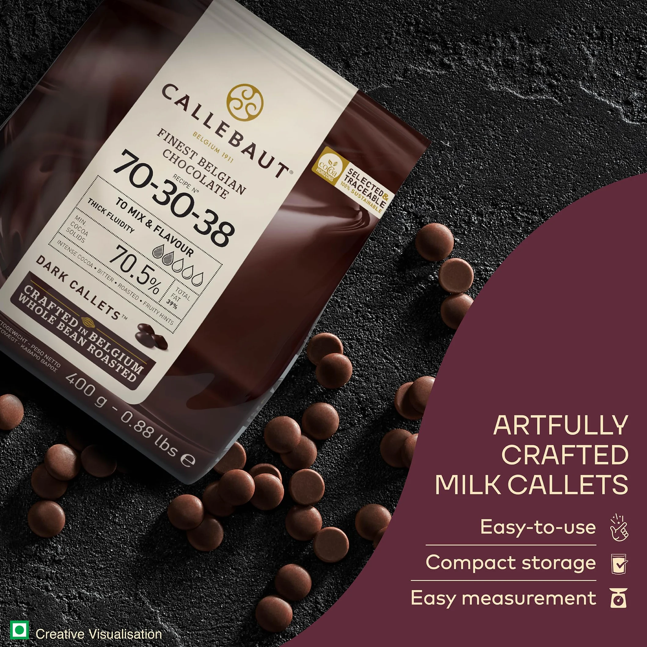 CALLEBAUT receptura nr 70-30-38 – kuwertura, delikatna gorzka czekolada, 70,5% kakao, 400 g, 1 opakowanie