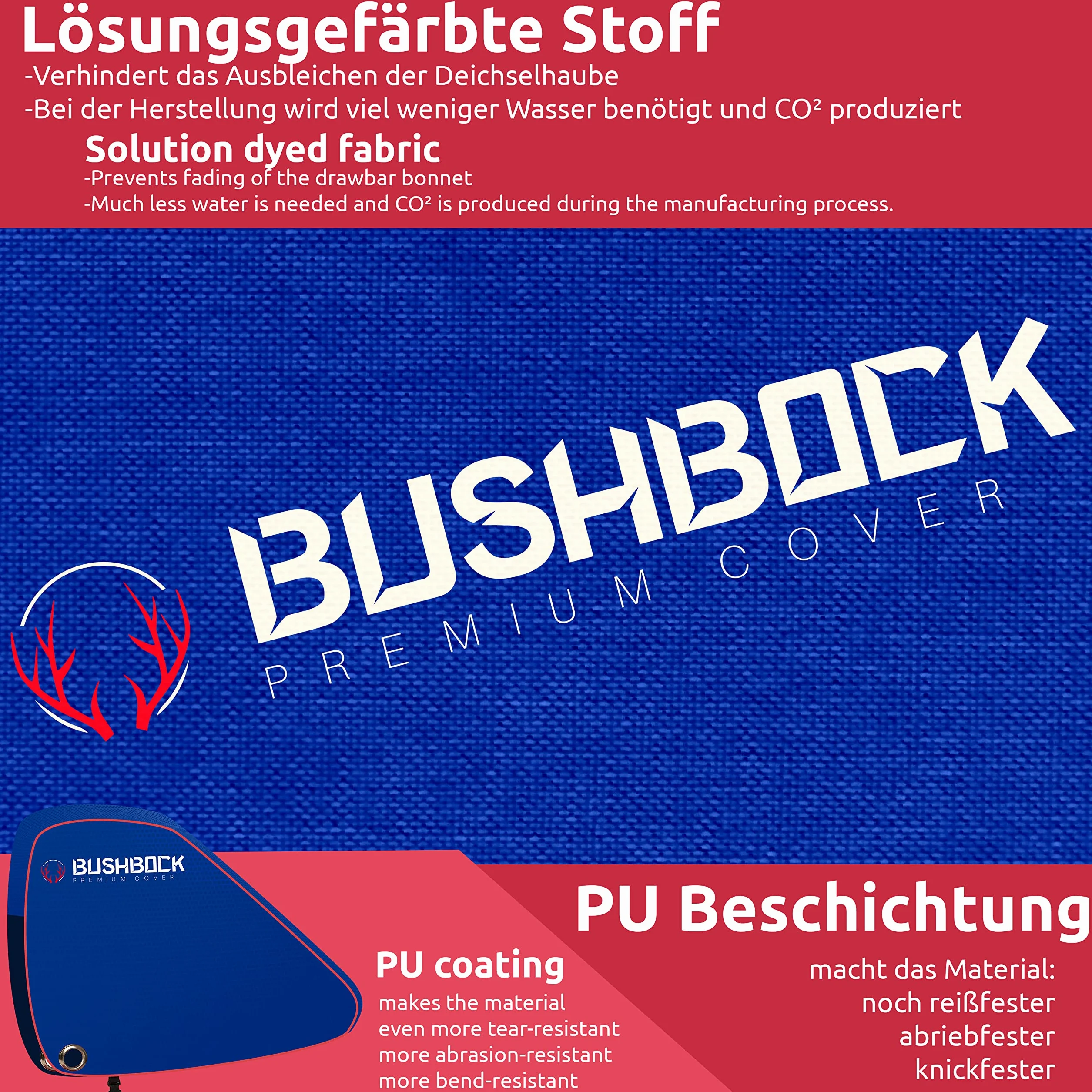 BUSHBOCK® Osłona na dyszel premium z materiału Oxford 600D z powłoką PU i reflektorami. Uniwersalna osłona dyszla - również do przyczep kempingowych/przyczep ze sprzęgłem zapobiegającym i zamkiem skrzynkowym (niebieska)