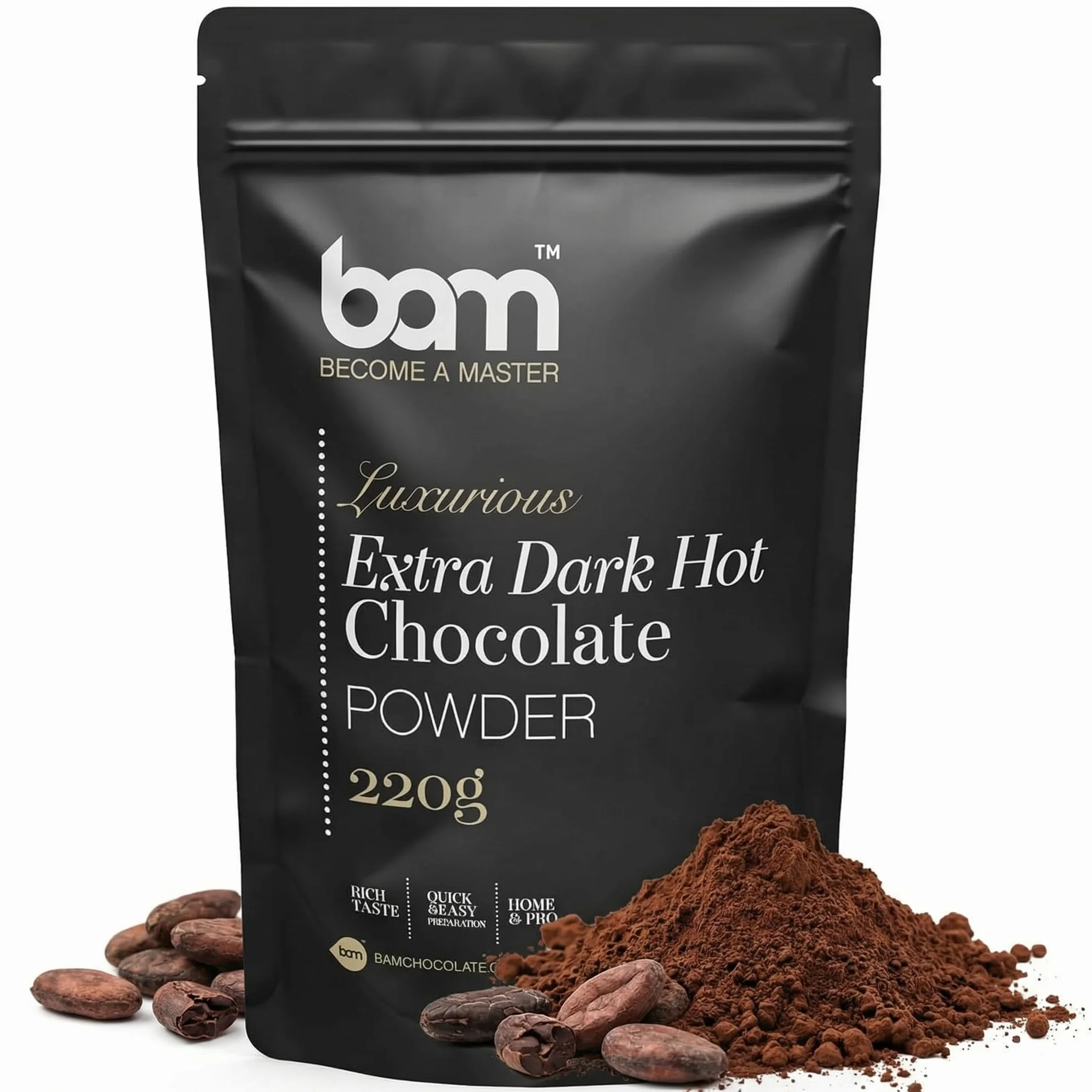 BAM Luksusowa mieszanka bardzo ciemnej gorącej czekolady w proszku z 34% kakao, 220 g, 7 porcji