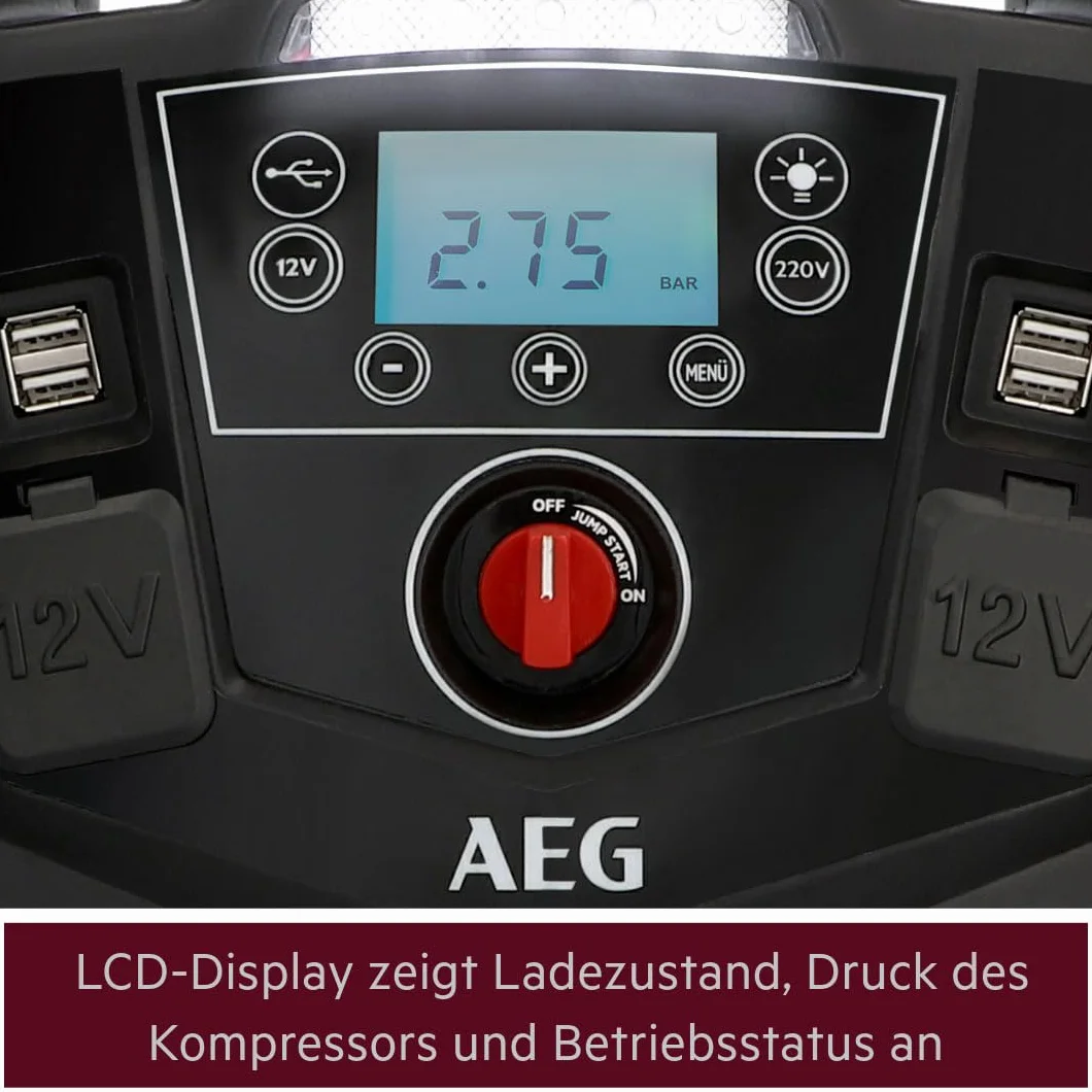AEG Przenośna stacja energetyczna 12 V, urządzenie ułatwiające rozruch, stacja zasilająca ze sprężarką powietrza, przetwornica napięcia 220 V, gniazdko z 4 USB, kompatybilna z samochodami osobowymi,
