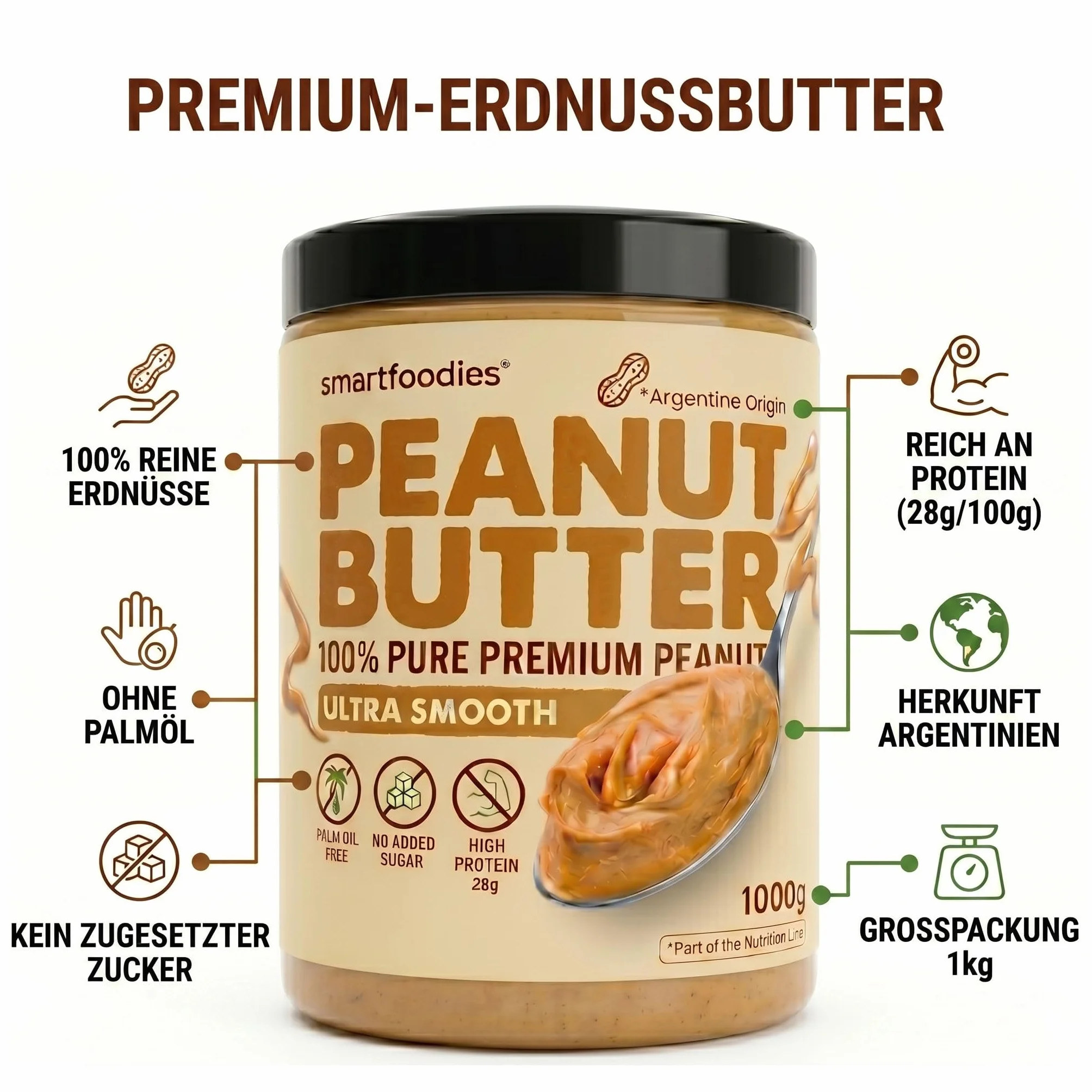 SMARTFOODIES Masło Orzechowe 100% 1kg Pasta Arachidowa Kremowa Bez Cukru Bez Soli Oleju Palmowego 28g Białka Wegańskie