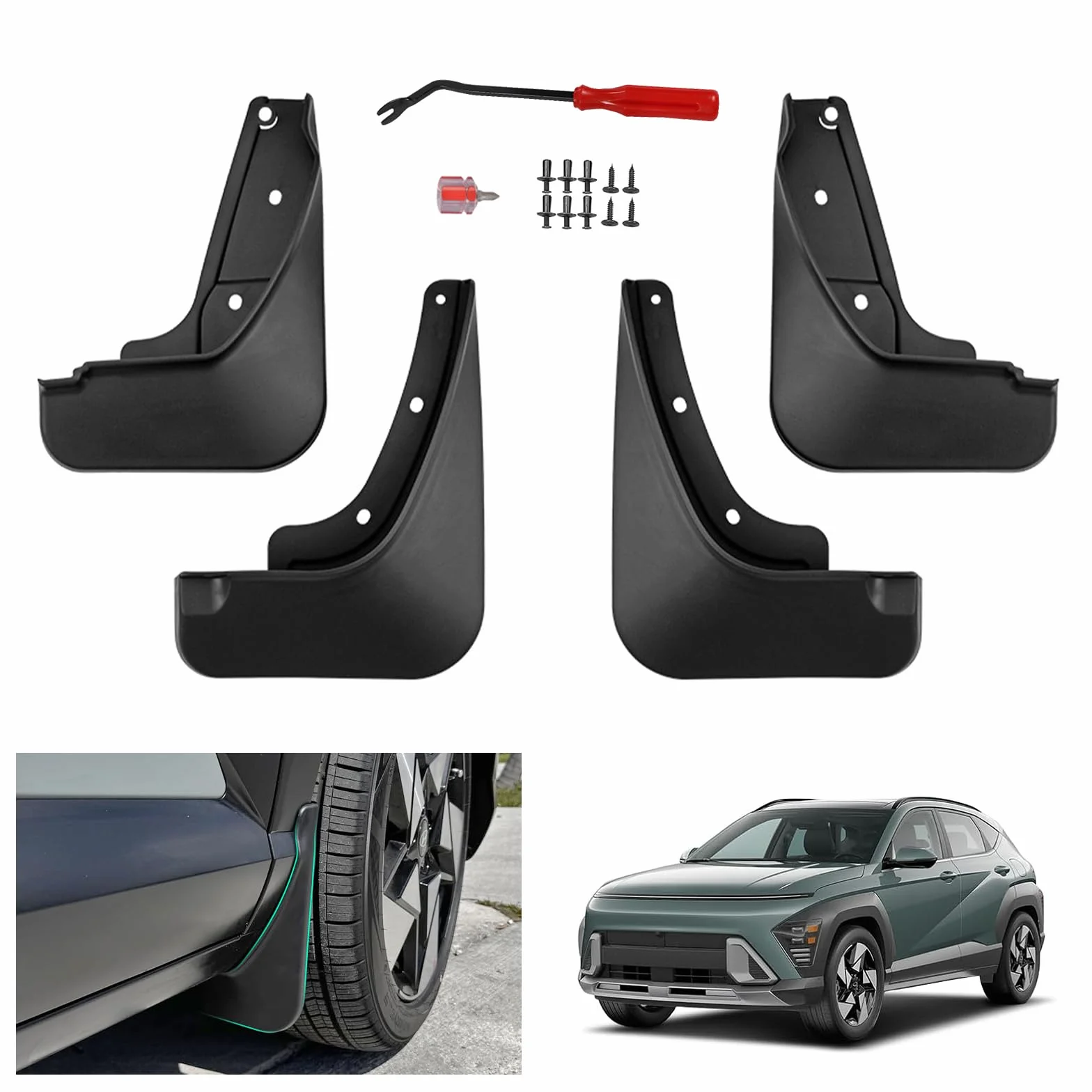 GAFAT Kompatybilny z Hyundai Kona SX2 2024 2025 błotnik, Kona SX2 EV Hybrid od 2024 błotnik z przodu i tyłu, osłony przed rozbryzgami, do samochodu, ABS, plastik, wymaga wiercenia, akcesoria do Kony