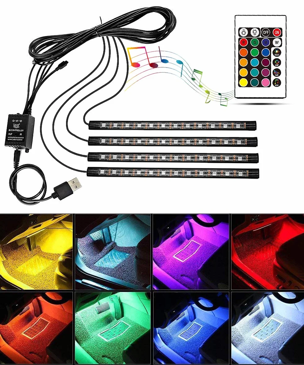 Oświetlenie wnętrza samochodu, 4 w 1, wodoodporne akcesoria LED do samochodu RGB taśmy LED dekoracja samochodu z muzyką aktywowaną dźwiękiem i pilotem zdalnego sterowania, idealne prezenty (RGB)