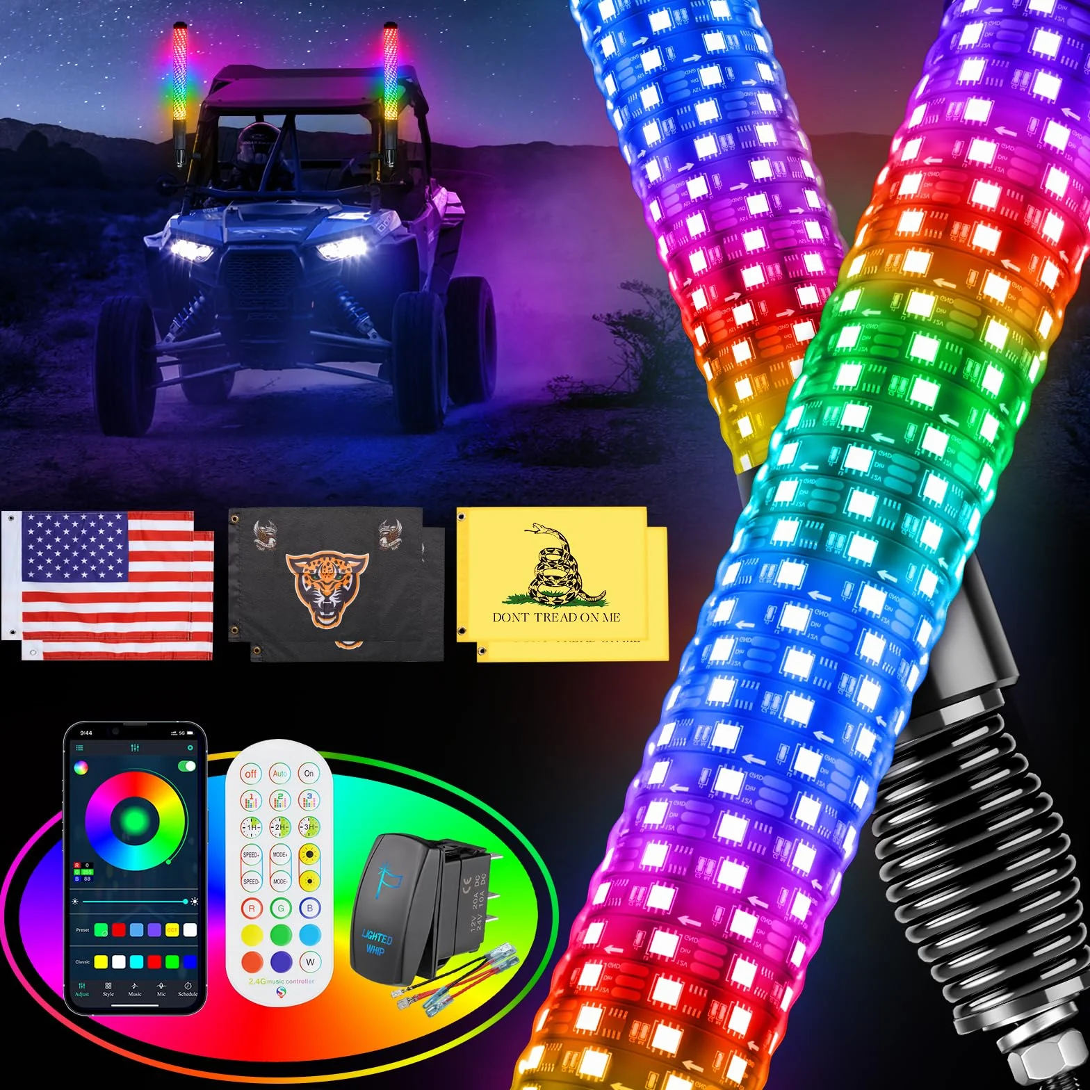 Ehaho Światła do UTV ATV z podstawą sprężynową, tłuste światło LED z przełącznikiem kołyskowym i 6 flagami, jaśniejszy spiralny bicz antenowy z aplikacją i pilotem zdalnego sterowania do RZR SXS