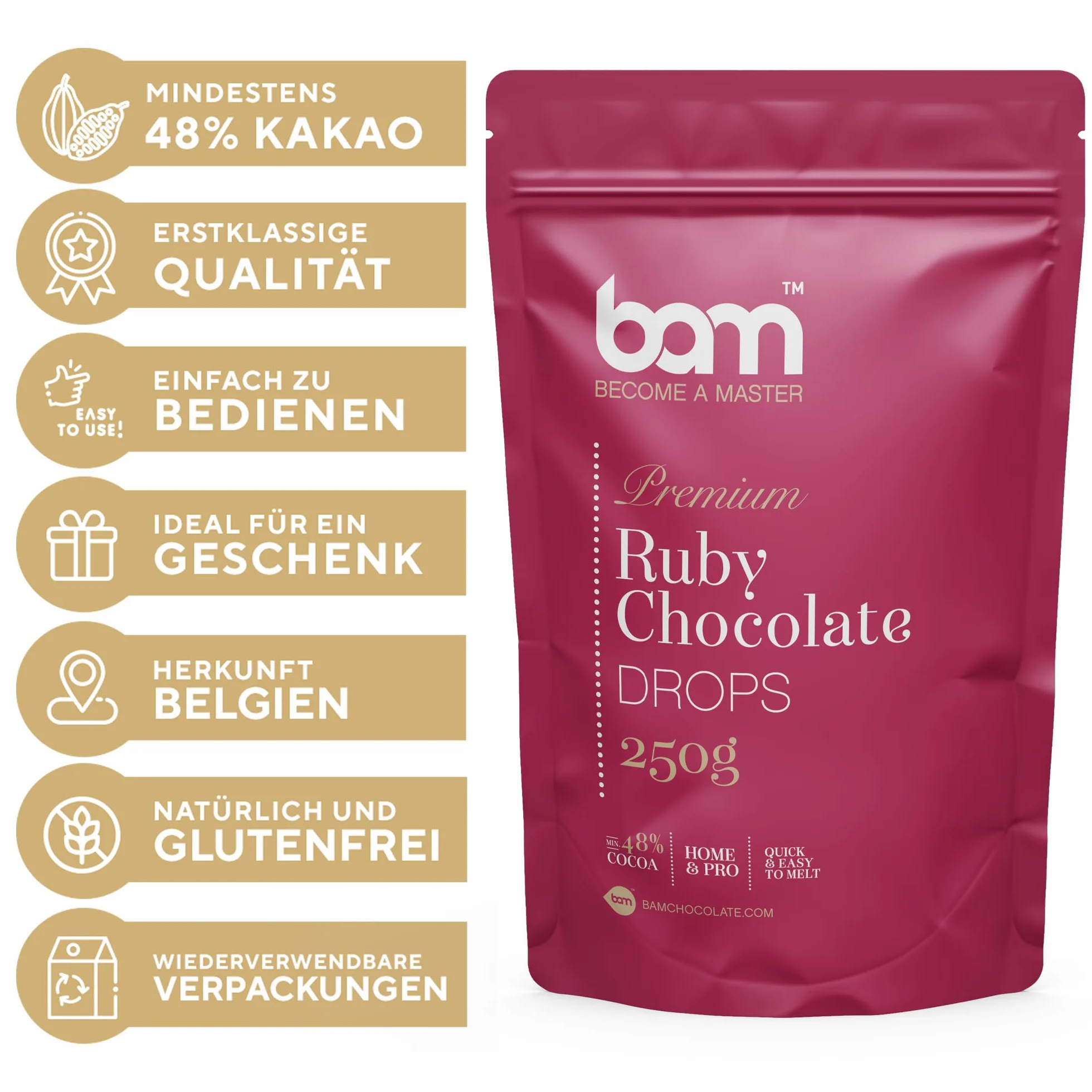 BAM Ruby Premium Czekoladowe Dropsy do topienia 250 g