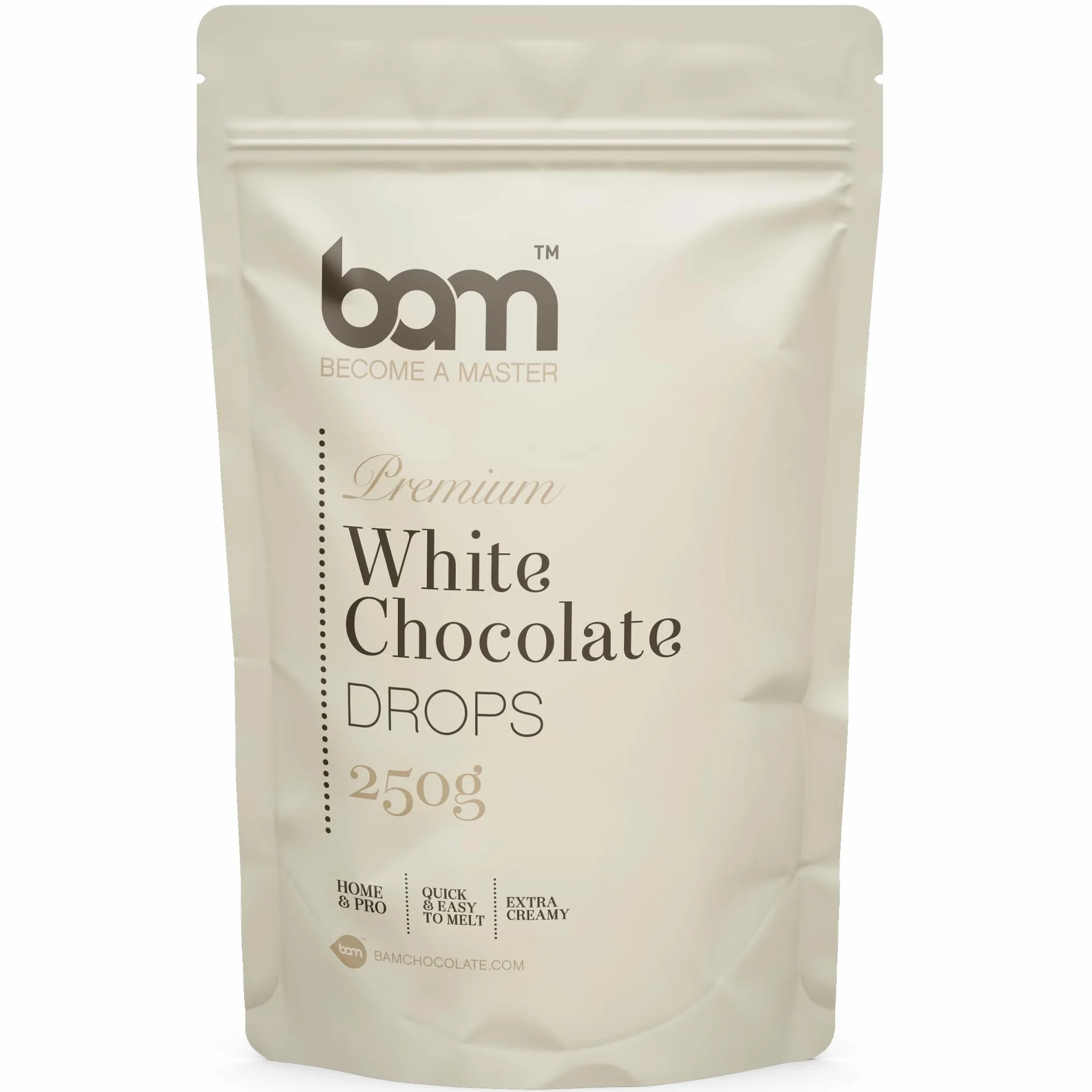 BAM Premium białe czekoladowe krople, Callets, Chipsy do topienia, 250 g