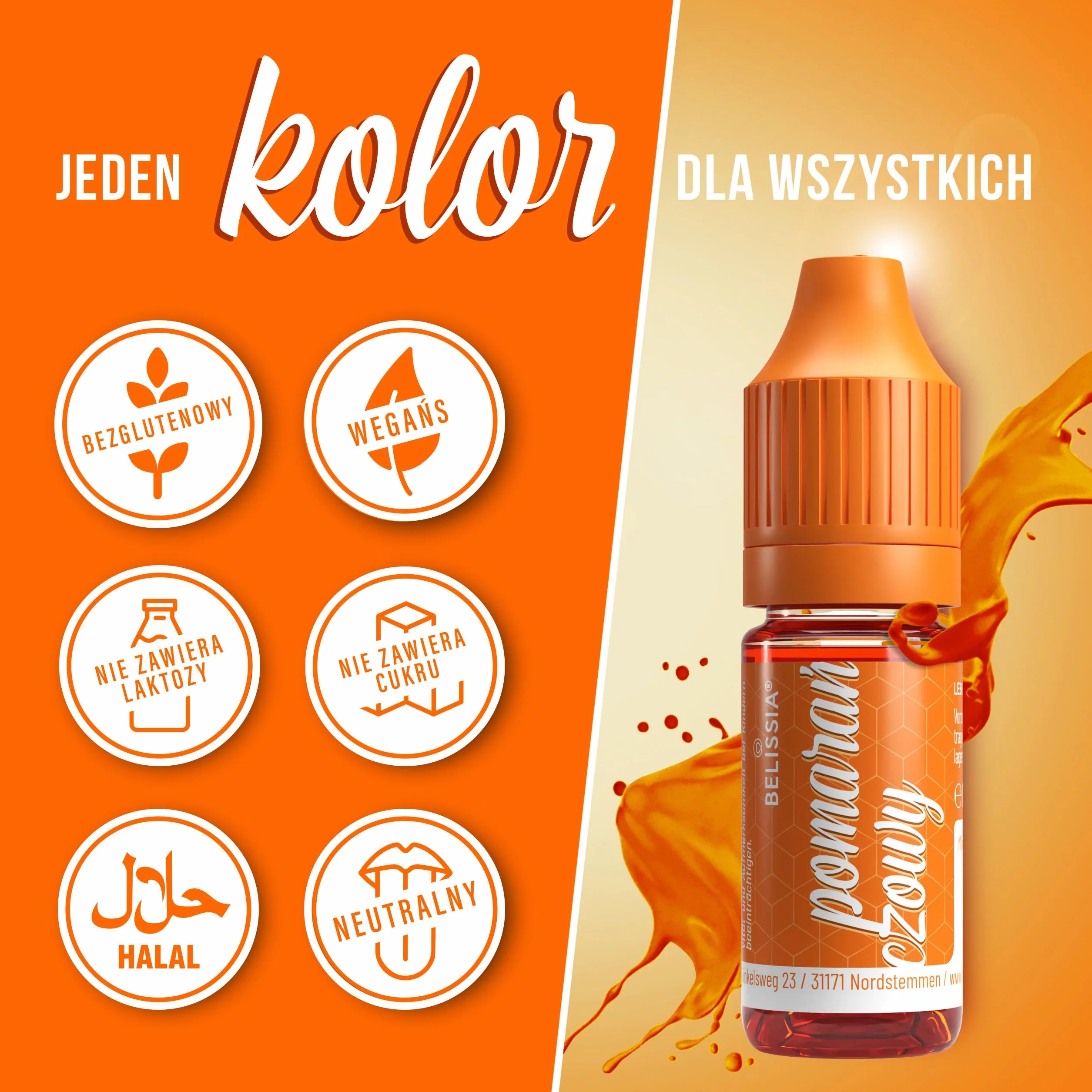 Belissia Barwnik Spożywczy Pomarańczowy 10ml, wysoko skoncentrowany, bez cukru, płynny