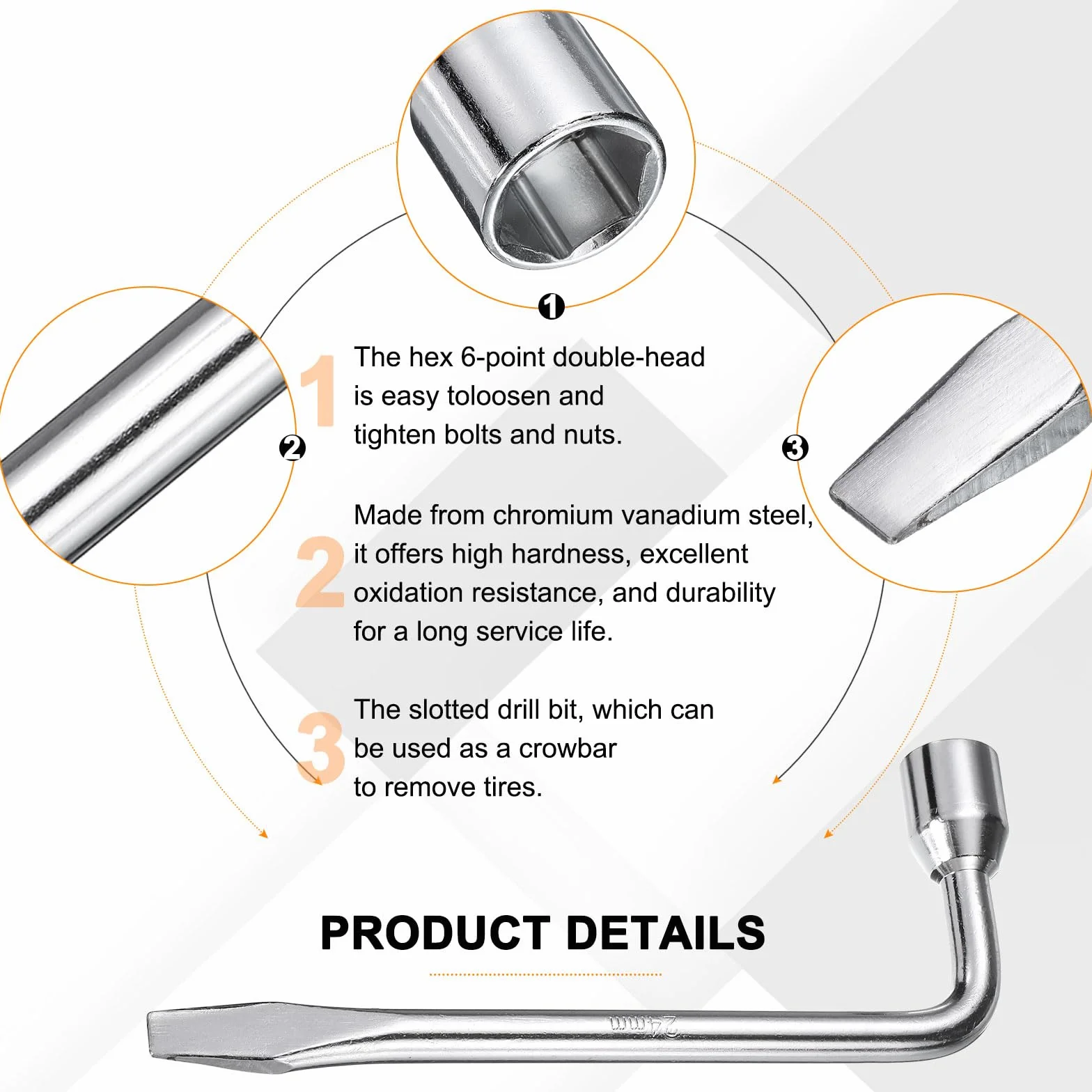 QUARKZMAN Zapasowy klucz krzyżowy do opon samochodowych, 24 mm, ze stali węglowej, typ L, z nacięciem sześciokątnym kluczem nasadowym, w kształcie litery L, narzędzie do naprawy opon