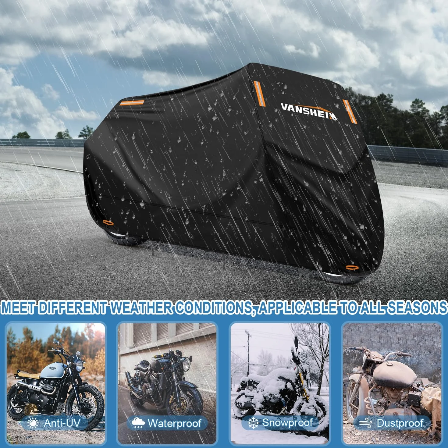 VANSHEIM Pokrowiec na motocykl, wodoodporny Pokrowiec na motocykl na zewnątrz, tkanina Oxford 420D, Pokrowiec na motorower do użytku wewnątrz, wodoodporny, wiatroszczelny Pokrowiec na moped, Pokrowiec
