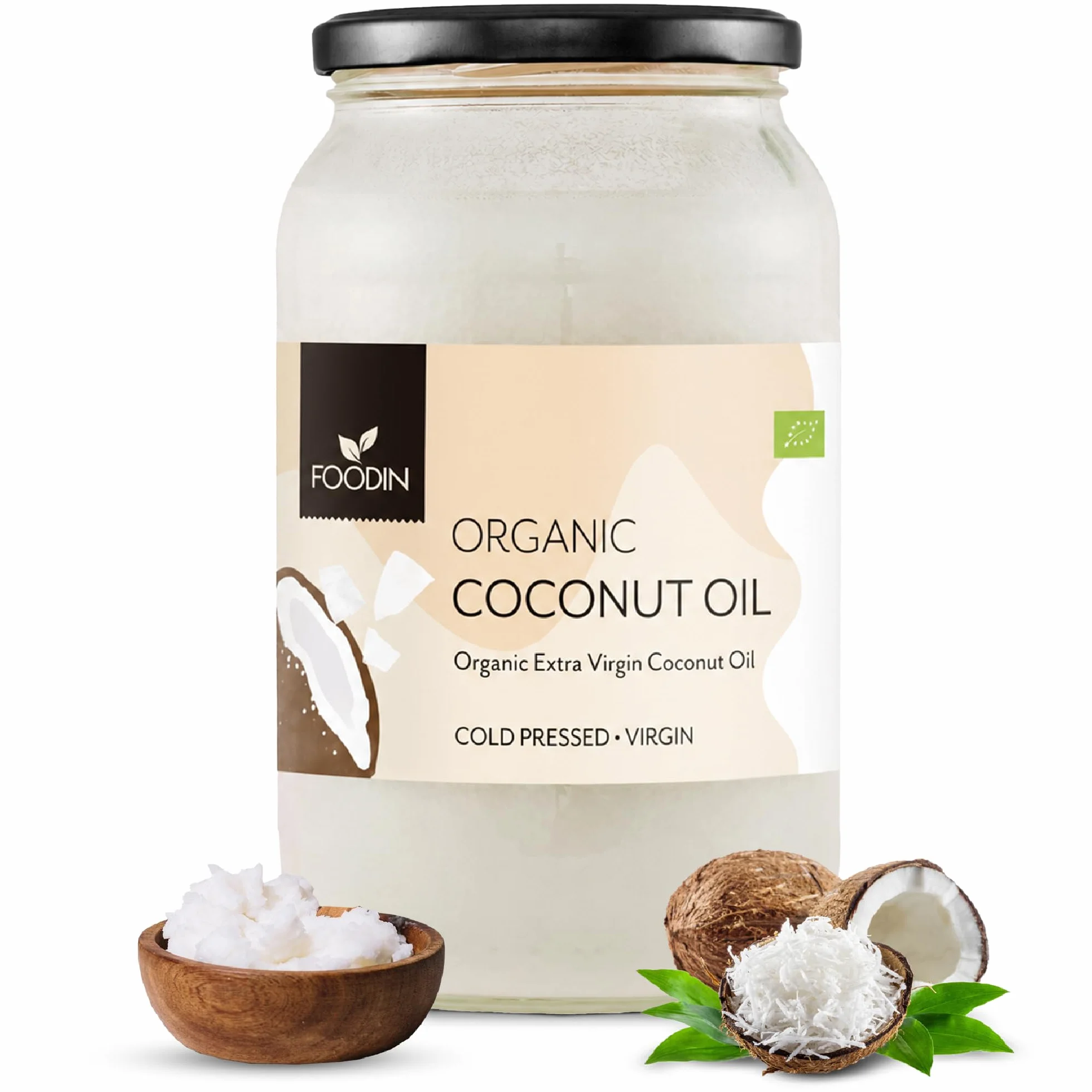 FOODIN Organiczny olej kokosowy, premium virgin i naturalny, tłoczony na zimno,organiczny olej kokosowy, najlepszy dla skóry i włosów, jakość surowej żywności - idealny do smażenia gotowania (1000ml)