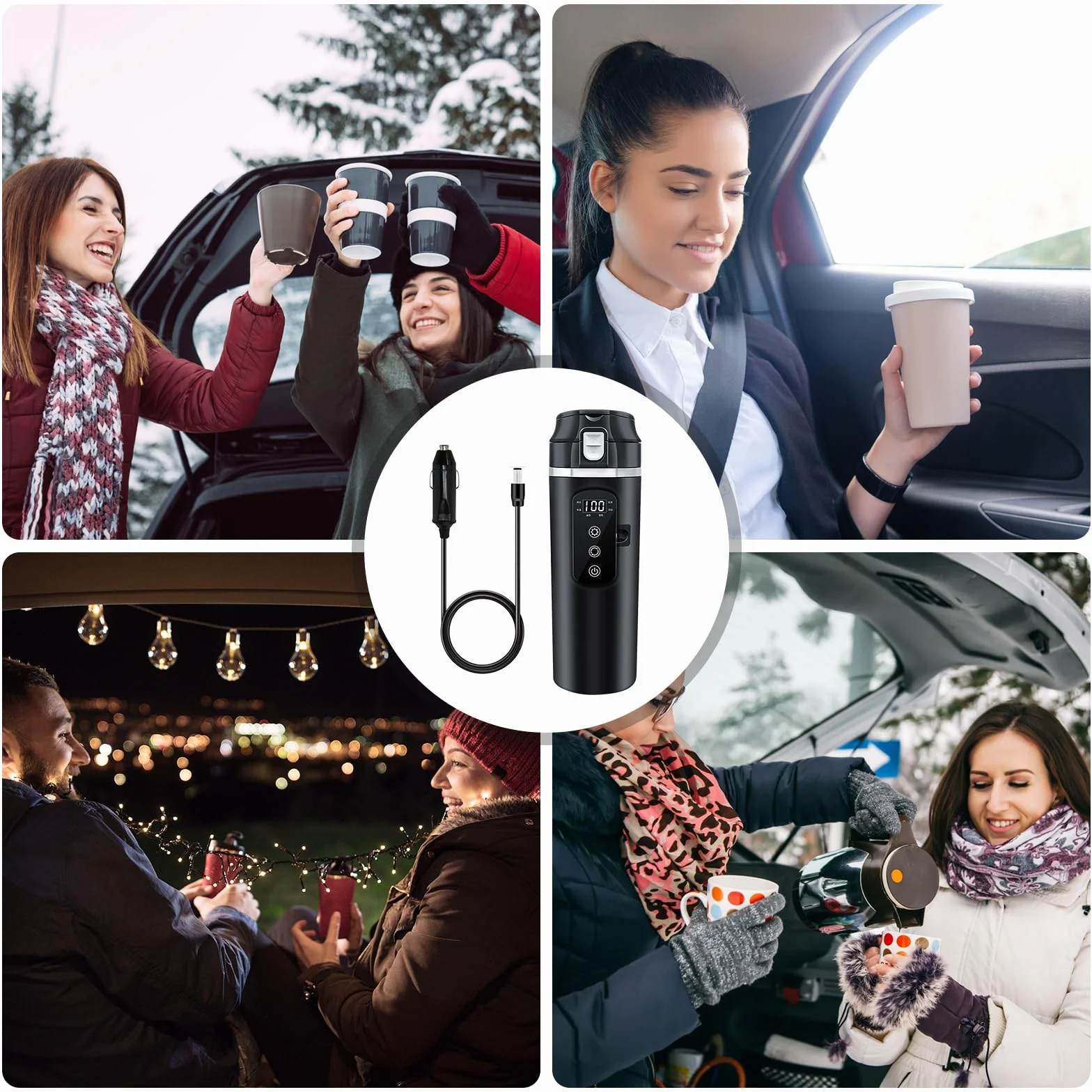 PORFOYO Czajnik elektryczny do samochodu, kubeczek podróżny 24 V/12 V, 500 ml, czarny, stal nierdzewna, z wyświetlaczem, do podróży samochodowych