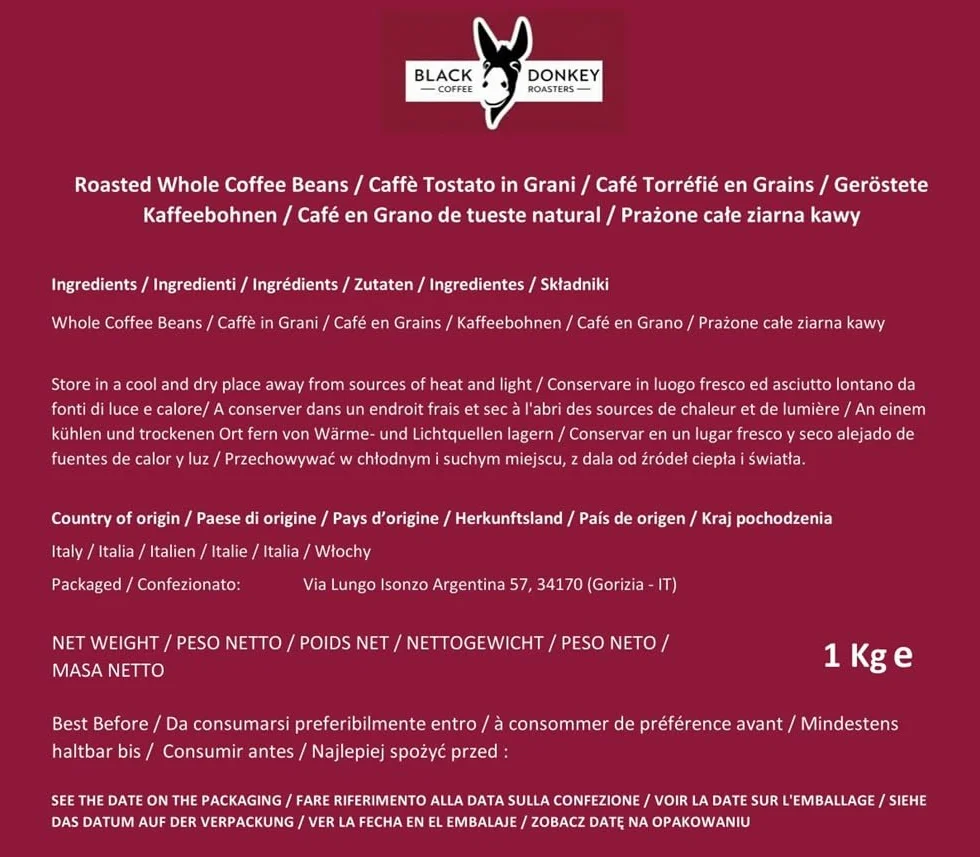 Black Donkey Ziarna Kawy 1kg Intenso Mocne Palenie Wysoka Zawartość Kofeiny