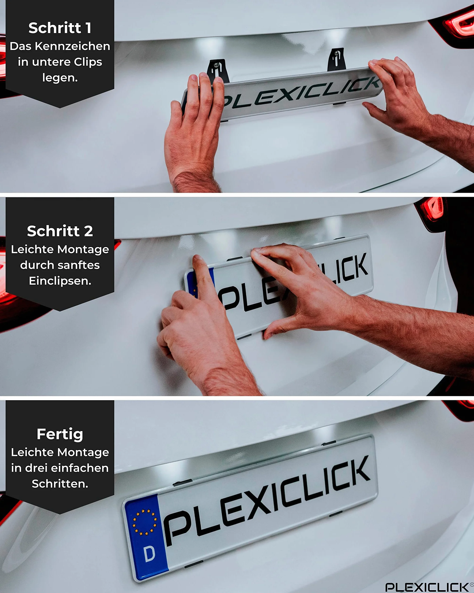 PLEXICLICK® Uchwyt tablicy rejestracyjnej, bez ramy, niewidoczny uchwyt tablicy rejestracyjnej, do pielęgnacji pojazdu, wyłącznie do niemieckich tablic rejestracyjnych
