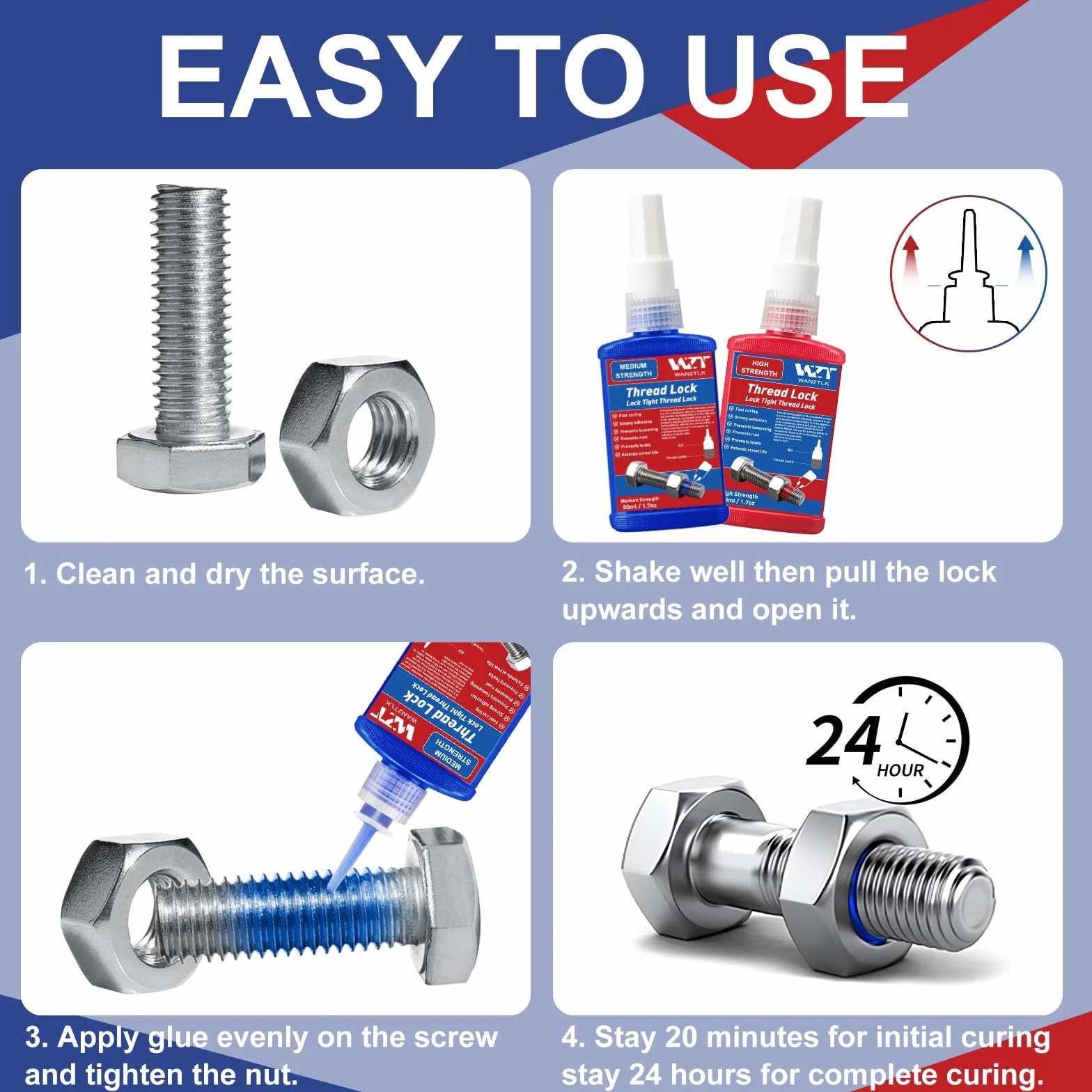 2 x 50 ml zabezpieczenie śrub, średnio-trwałe i wysokiej wytrzymałości, środek zabezpieczający śrubę Locktight do wypełniania szczelin i dokręcania śrub i nakrętek (ThreadLocker Blue and Red)