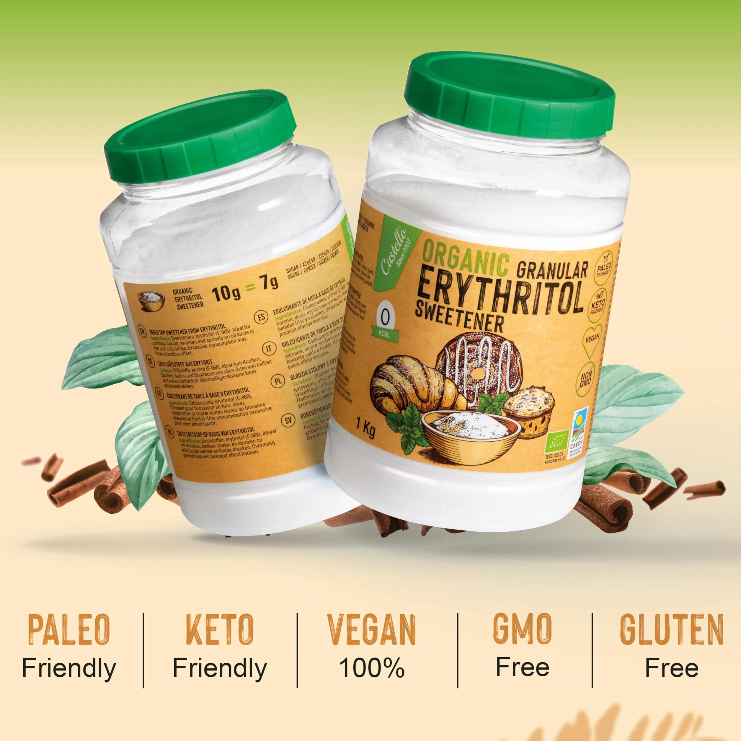 Słodzik z erytrytol Bio Organiczny Ekologiczny | 10g = 7g cukru | Zamiennik cukru - 0 Kalorii - 0 Indeks Glikemiczny - Keto i Paleo - 0 Węglowodanów Netto - Bez GMO - Castello since 1907-1 kg