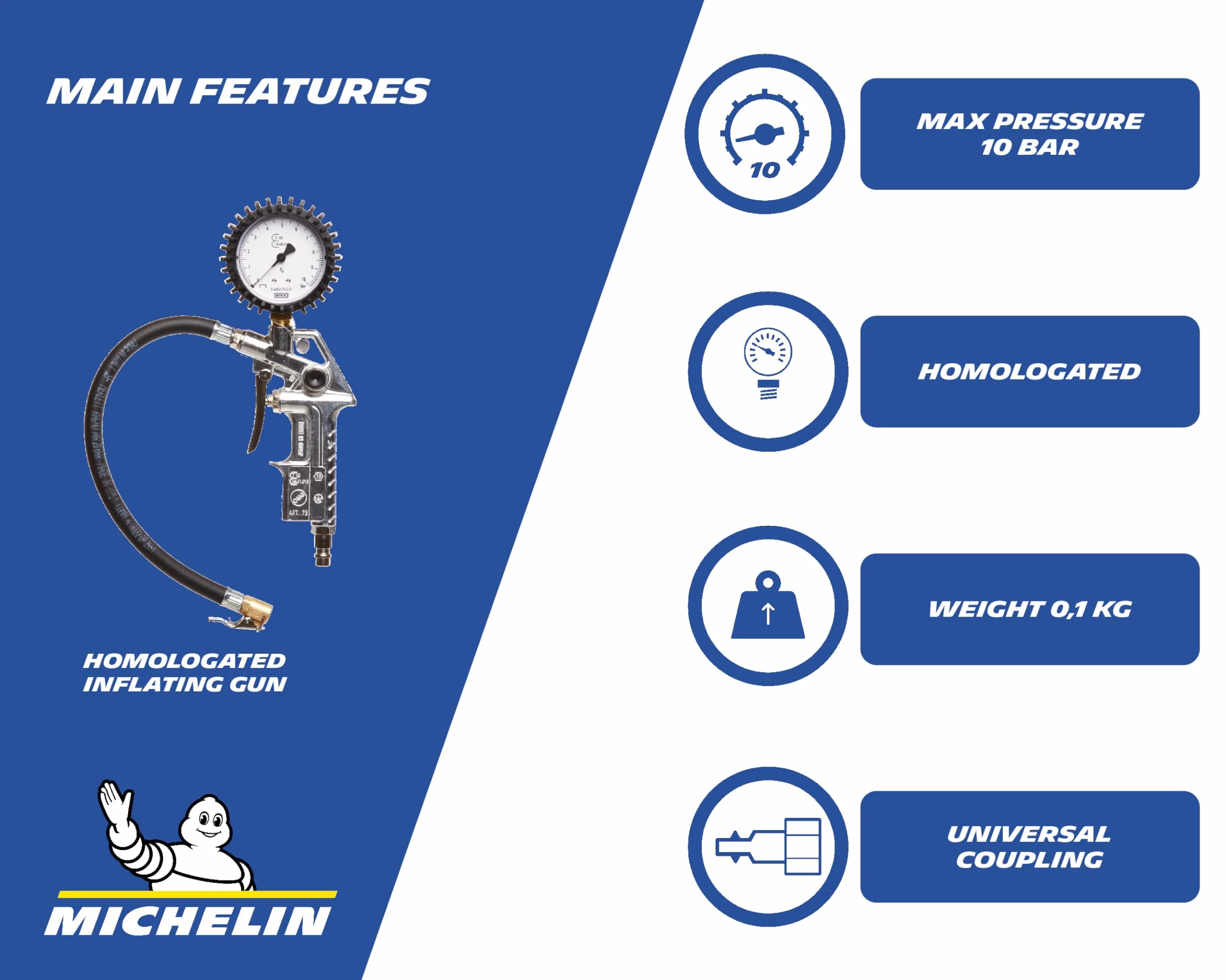 Michelin Pistolet do pompowania opon z manometrem 10 bar