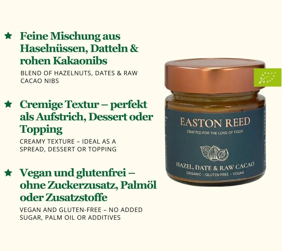 Easton Reed Krem z Orzechów Laskowych Bio 200g 70% Orzechów Bez Oleju Palmowego Bez Dodatku Cukru Wegański Krem Czekoladowy