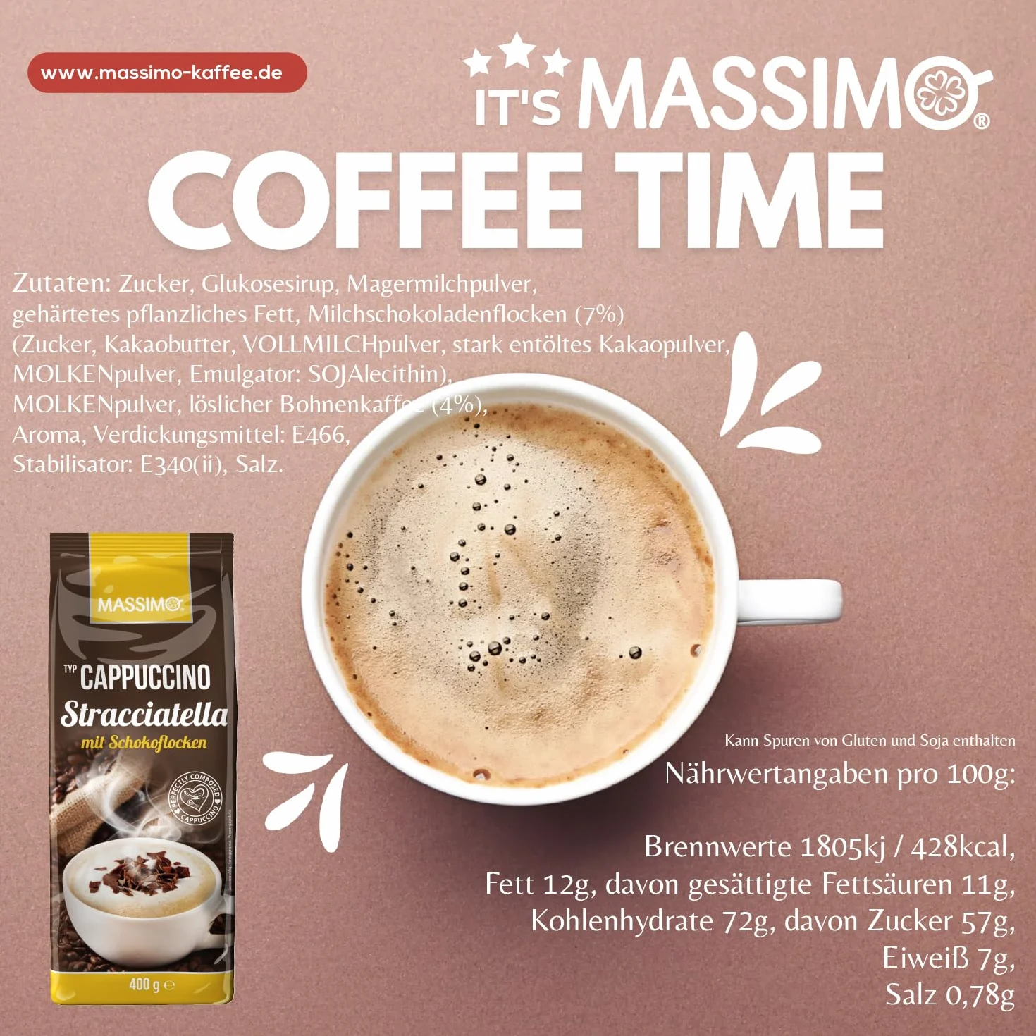 Massimo Cappuccino Stracciatella z płatkami czekolady 10 x 400 g/aromatyzowany proszek do napojów z rozpuszczalną kawą fasolową i płatkami czekolady mlecznej