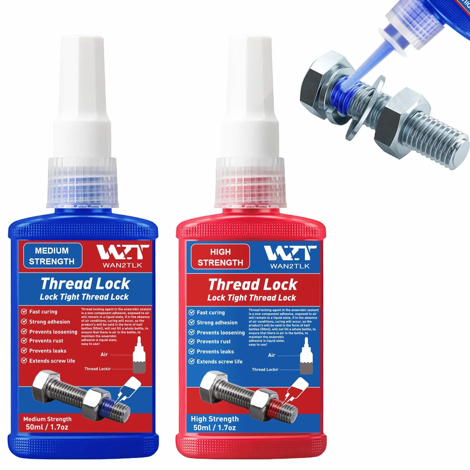 2 x 50 ml zabezpieczenie śrub, średnio-trwałe i wysokiej wytrzymałości, środek zabezpieczający śrubę Locktight do wypełniania szczelin i dokręcania śrub i nakrętek (ThreadLocker Blue and Red)