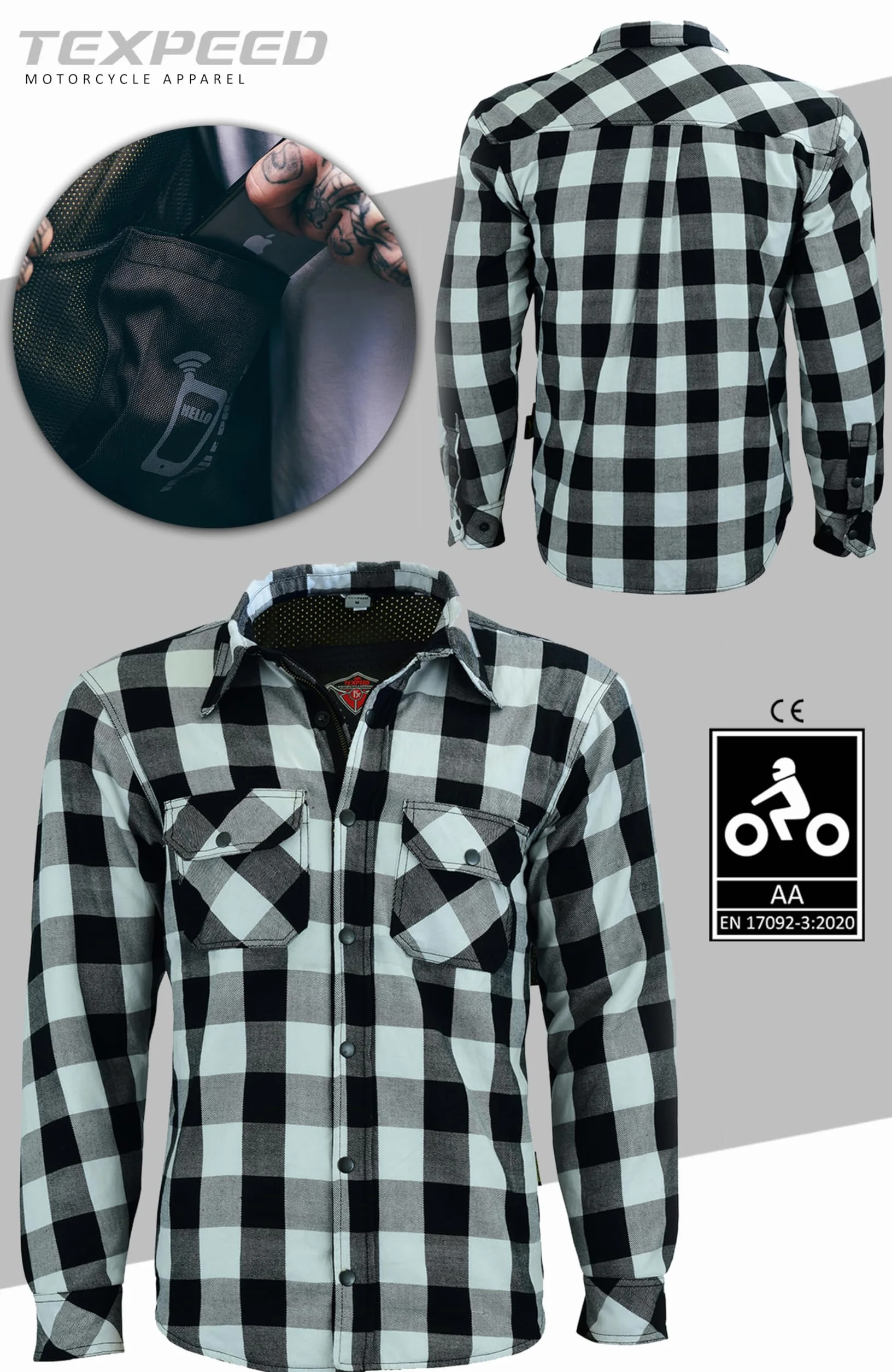 Koszula motocyklowa drwala - Męska Koszulka motocyklowa z pancerzem - 280 g/m² aramid z pancerzem ochronnym (EN 1621-1) - Texpeed - Biały - XL