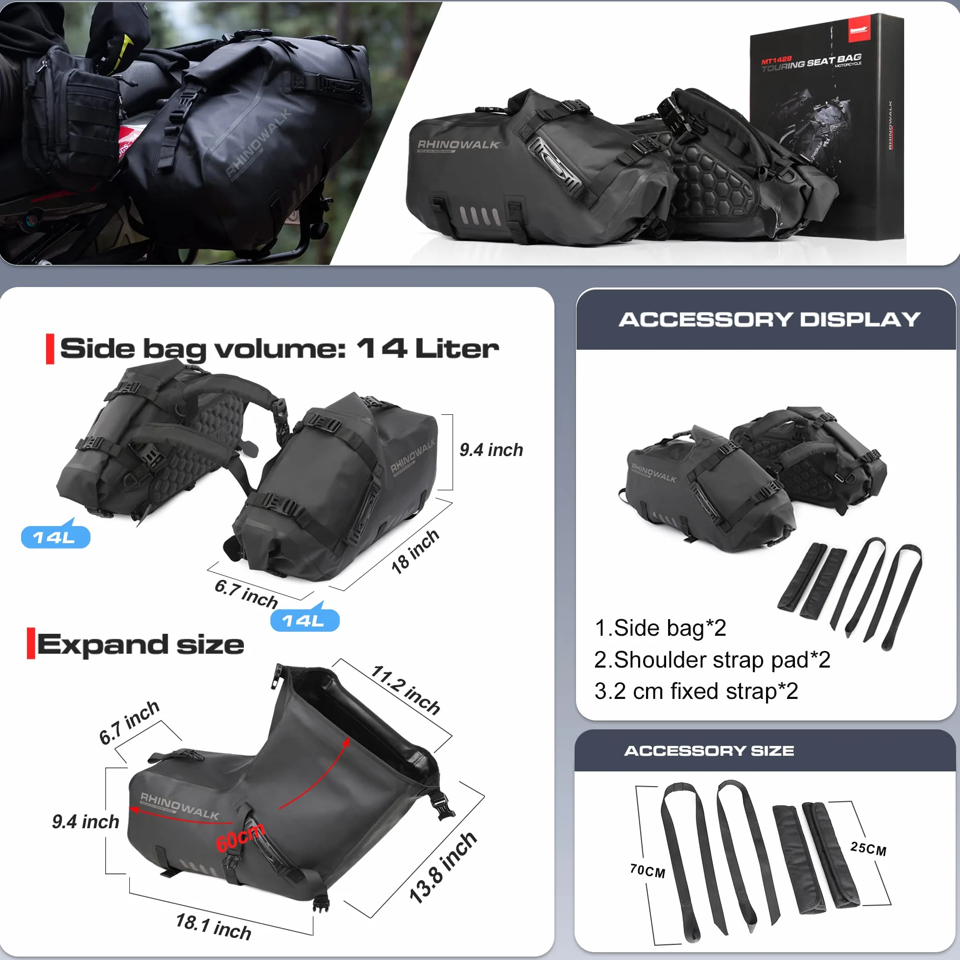 Rhinowalk Wodoodporna torba na siedzenie motocyklowe, 28 l ( 2 x 14 l), boczna, na bagażnik, akcesoria