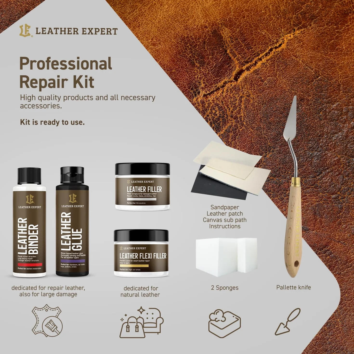 Leather Expert Leather Care Set "Repair Kit" - 2x25ml + 2x50ml - Leather Cleaner Car Set - Leatherette Care - Car Leather Cleaning - Car Care Set